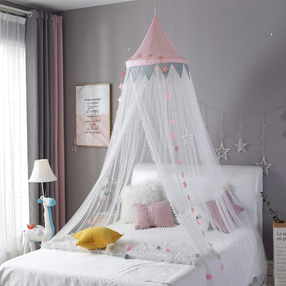 Bed Canopy for Kids,Princess Canopy Hanging Mosquito Net for Baby Crib Nursery Room, Out Door Events,Woodland Nursery Decor,with Star (Pink, L (Bottom Circumference 1000cm))