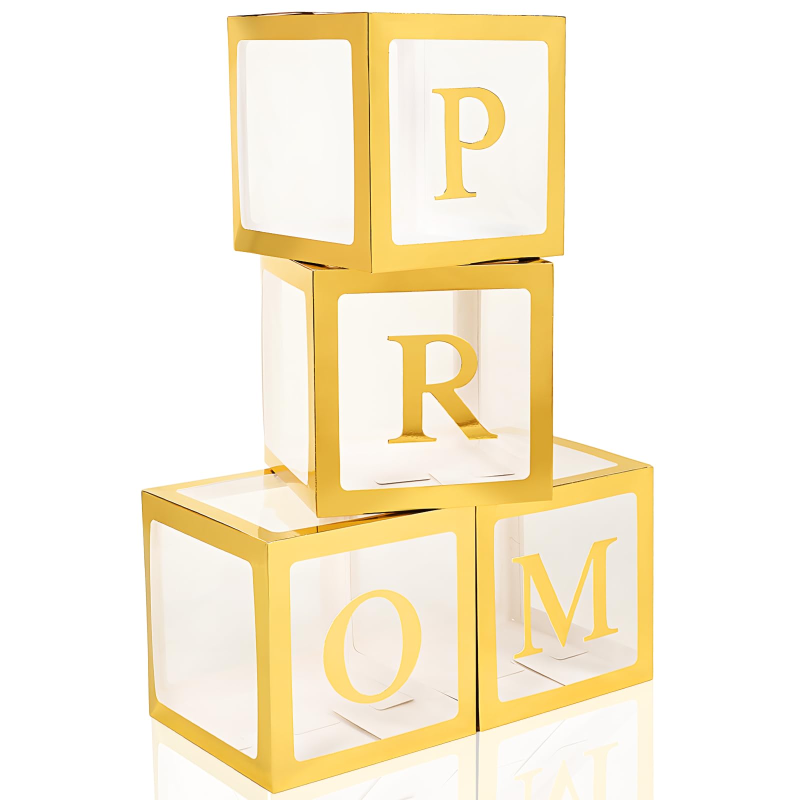 Trandraft 4 Pcs Prom Boxes with Letters 11.8 x 11.8 x 11.8 Inch Clear Prom Boxes Transparent Balloon Boxes Clear Block Box High School College Graduation Prom Party Favors Supplies (Gold)