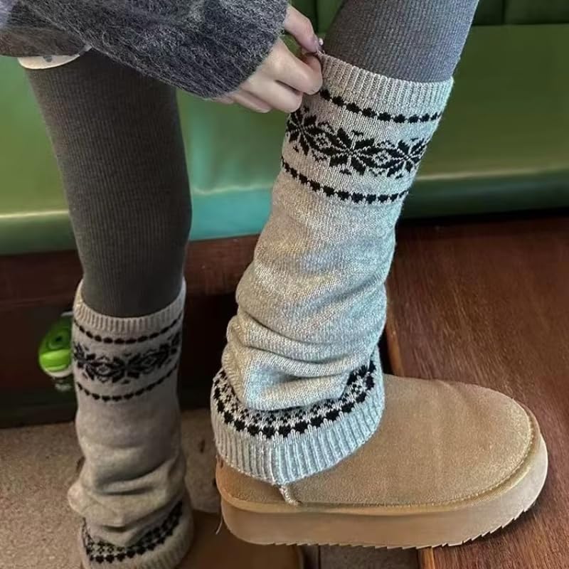Knit Leg Warmers Knitted Crochet Winter Socks Classic Fair Isle Snowflake Knit Leg Warmers for Women Girl 1
