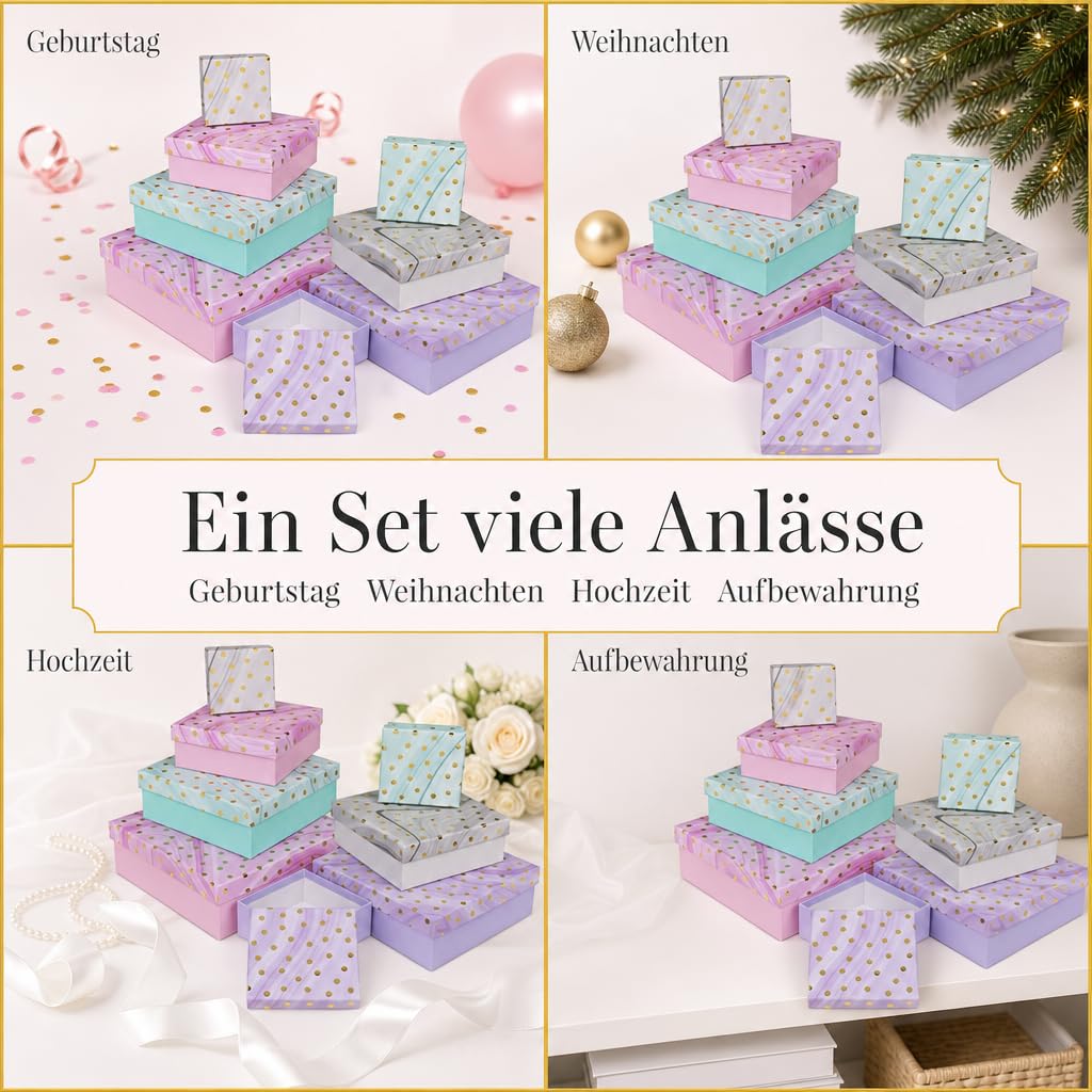 Lot de 8 boîtes cadeaux - Lot de 8 boîtes cadeaux - Pour Noël, anniversaire, mariage, environ 22,5 x 22,5 x 8 cm (multicolore avec pois dorés)