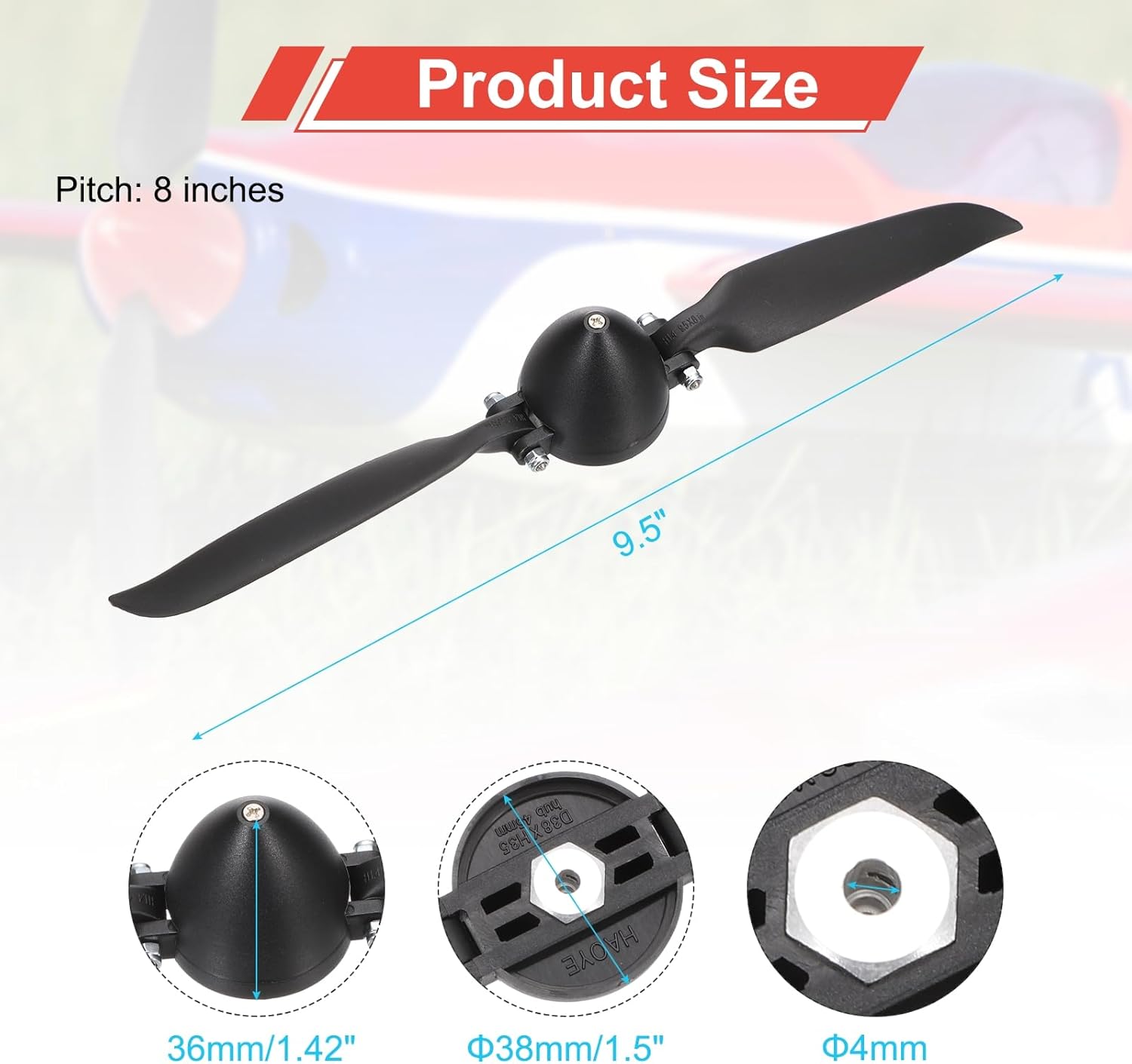 MECCANIXITY 9.5x8 Inch RC Plane Propeller, RC Folding Propellers Spinner Size D38xH36mm 4mm Motor Shaft Dia 2-Vane with Nylon Plastic Spinner for Airplane Helicopter(Black)