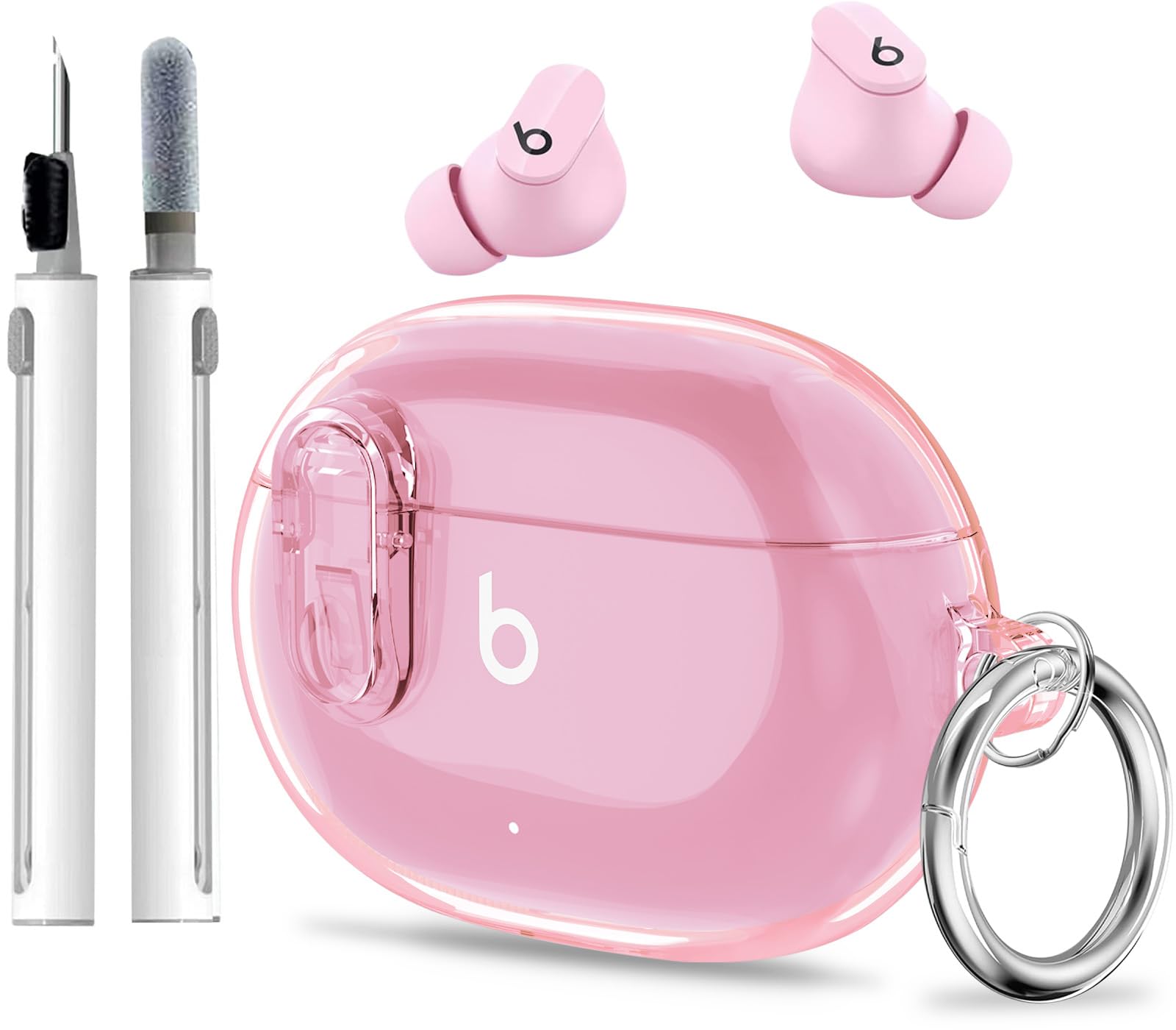 Beats Studio Buds/Studio Buds Plus Case Cover Clear 2021/2023 Men Lock Clip with Clean Kit, Wonjury Protective Case and Cleaning Pen Compatible with Beat Studio Bud Plus Women Girls Kids - Clear Pink