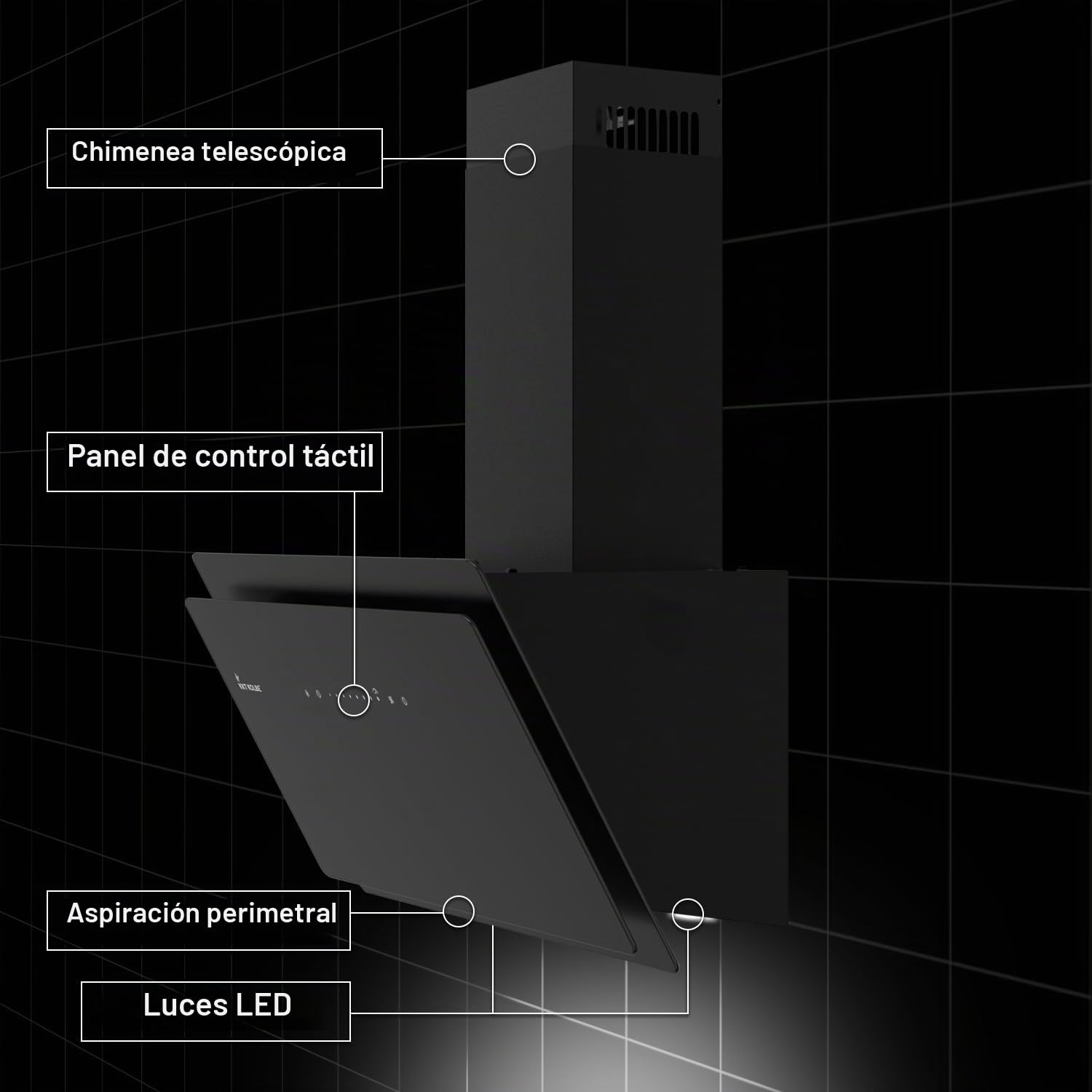 KKT KOLBE A+++ campana extractora, 90 cm, 782 m³/h, aire de circulación, aire de escape, sin cabeza, campana de pared, cubierta inclinada, negro, vidrio, retroceso automático, SensorTouch, luces LED