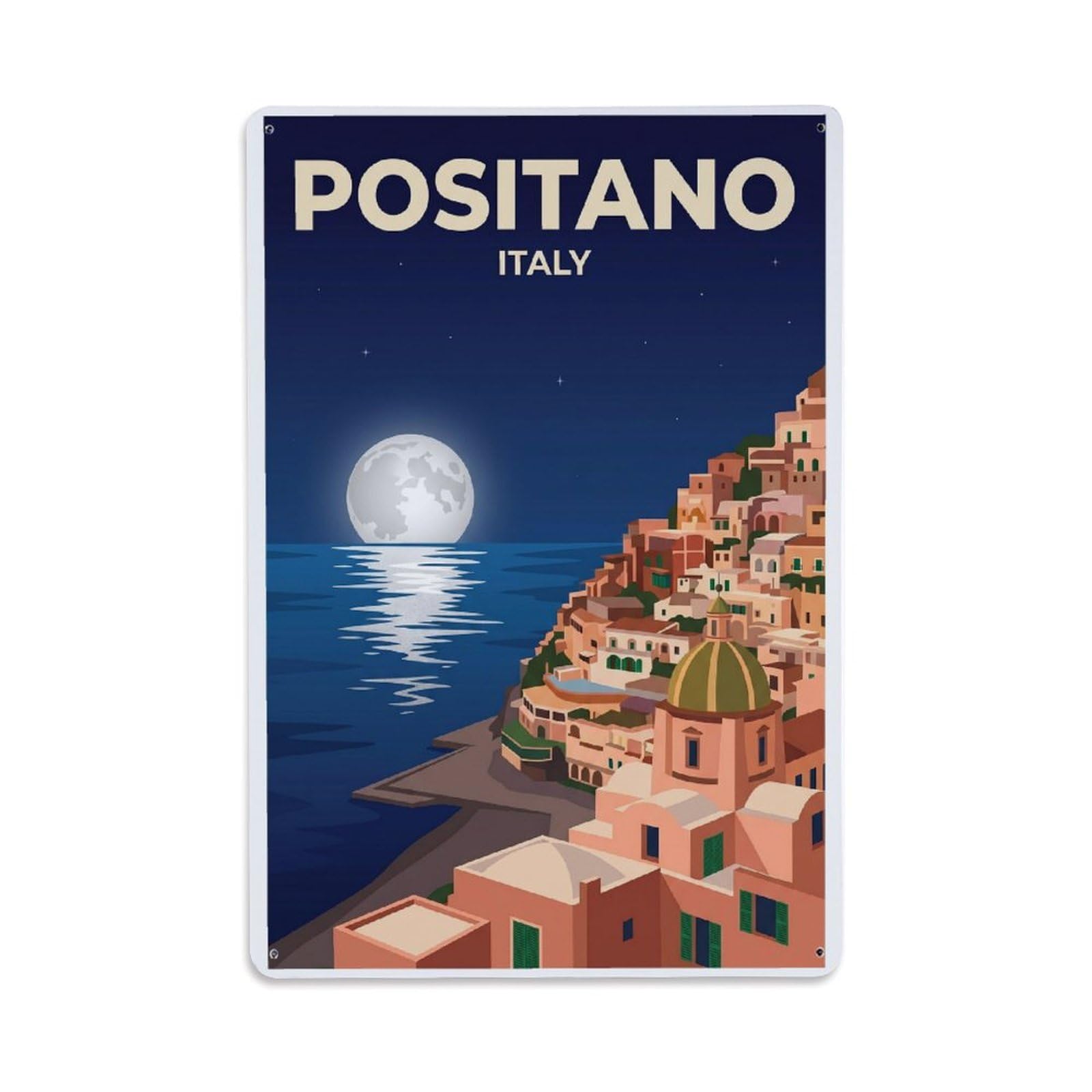 Vintage Travel Positano Italy Moonlight Metal Tin Sign Plaque Wall Decor for Cafe, Club Bar, Office, Garden Metal Poster 8x12Inch