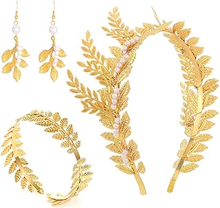 Greek Goddess Costume Accessories Golden Toga Laurel Leaves Headband Upper Arm Cuff Dangle Earring Jewelry Bridal Crown Headpieces for Women(3pcs)