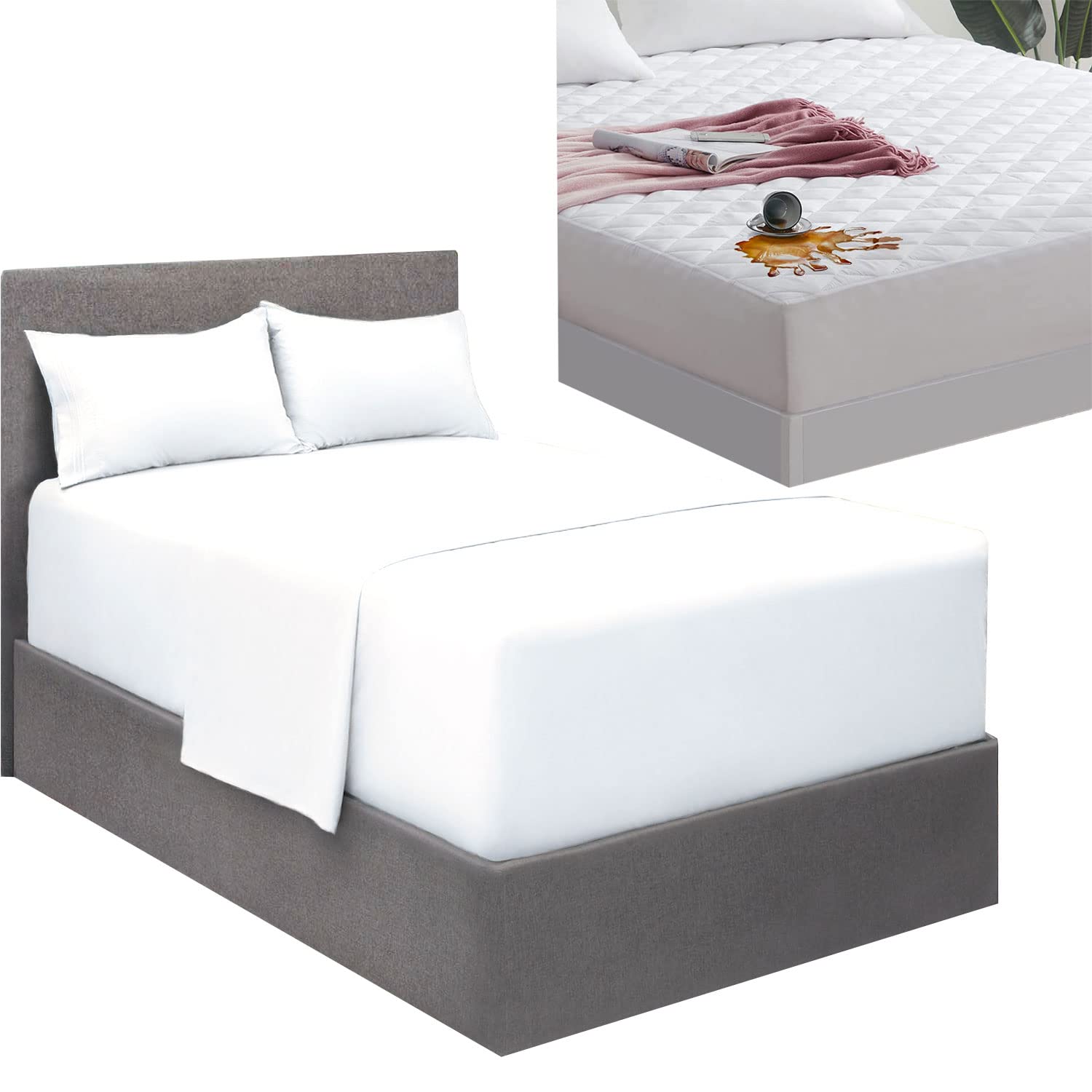 Mellanni Extra Deep Pocket Sheet Set + Waterproof Mattress Pad Bundle - Queen, White