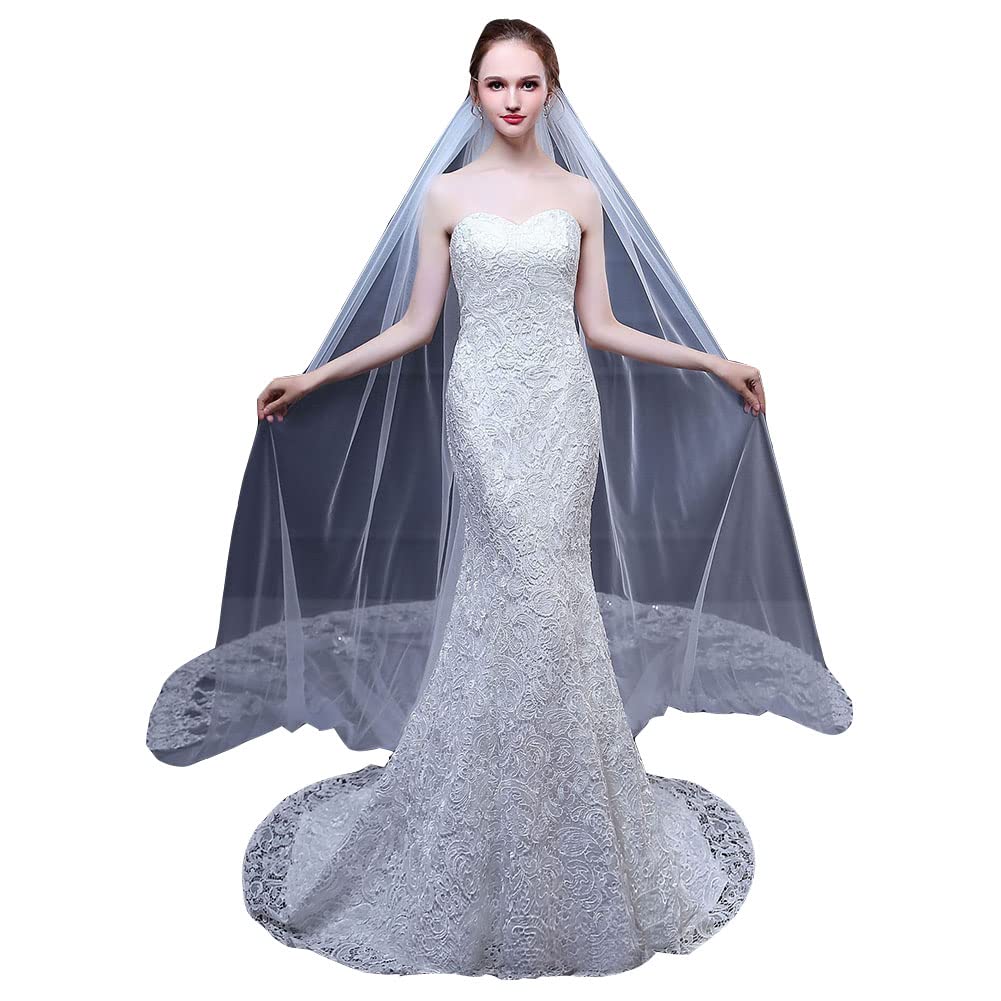 DAIHAN Donna Paillettes Squisite a Coda Lunga Morbida Velo da Sposa con Bordo in Pizzo con Pettine Caduta della lunghezza della Cattedrale per la festa dell'abito da ballo