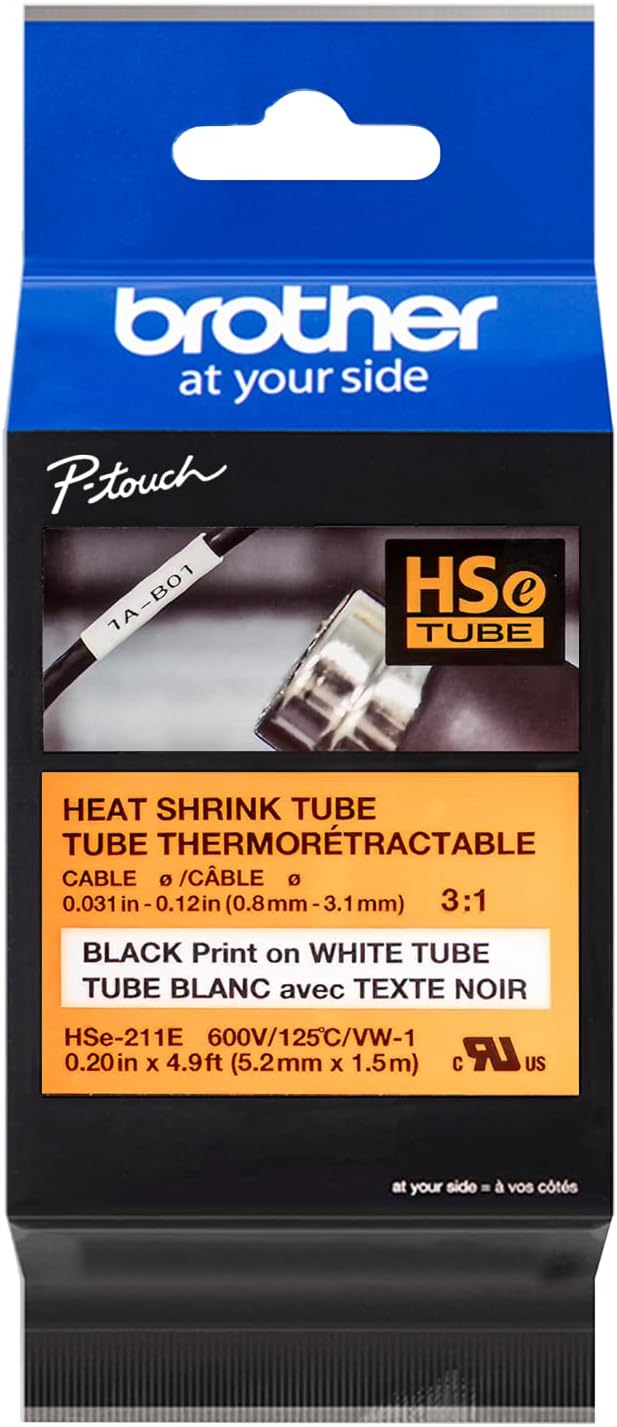 Brother HSe211E 5.28mm (0.2in) Black on White 3:1 Heat Shrink Tube, 0.2 inch