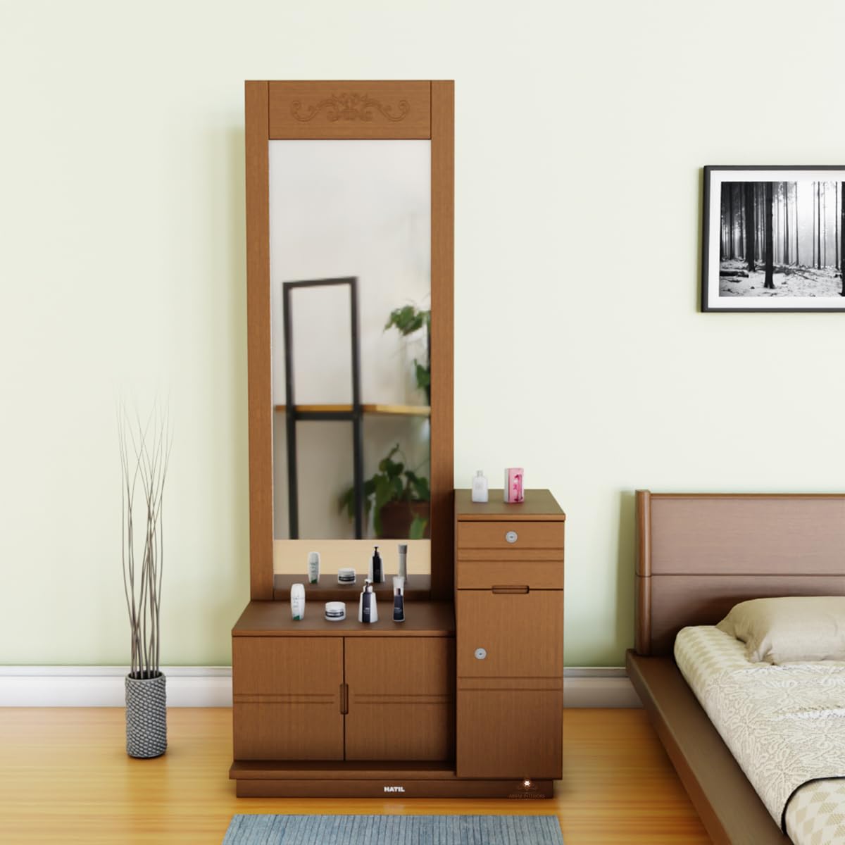 ABBAJI INTERIORS Engineered Wood Dressing Table with 3 Door and 1 Drawer (Wallnut Brown)-image-42