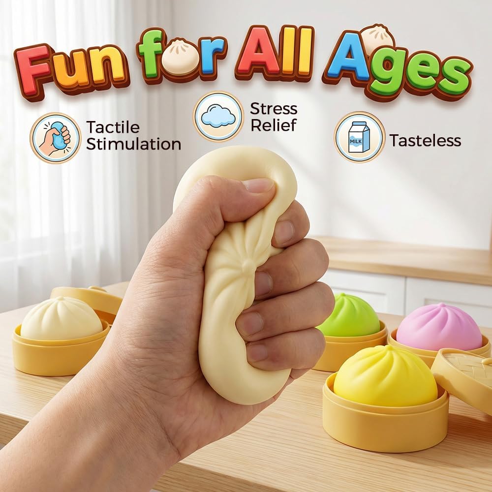 Dumpling Squishy Stress Ball, 4 Inch Soft Large Squeeze Sensory Fidget Ball for Adults Kids, Hand Wrist Strengthen Relaxing, Easter Basket Stuffers Classroom Prizes Party Supplies (Mix 4PCS)