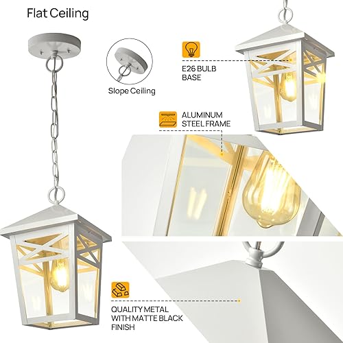 Miniatura 5 de Luces colgantes para exteriores para porche, grandes lámparas colgantes exteriores blancas con pantalla de vidrio transparente para patio, cenador,