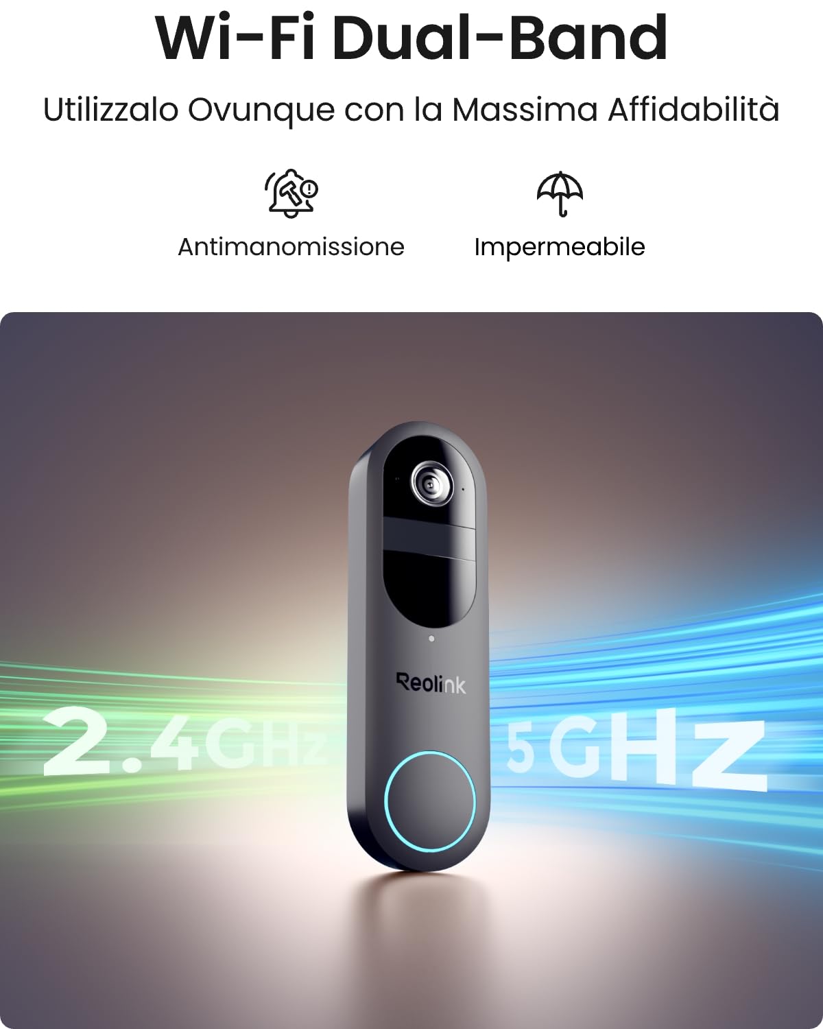 Reolink 2K 4MP Videocitofono Senza Fili, Battery Video Doorbell(2nd Gen) | Doppia Alimentazione (Batteria e Cablata), Vista 150°×150°, Wi-Fi Dual Band, Rilevamento Intelligente, Audio Bidirezionale