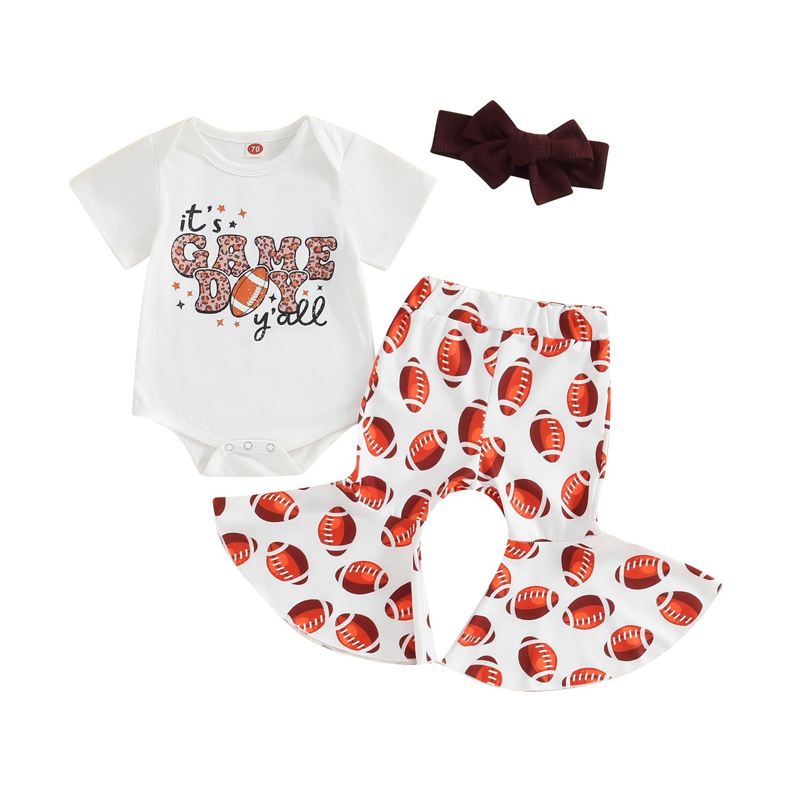 mlpeerw Baby Football Outfit Girl Infant Game Day Onesie Clothes Short Sleeve Bodysuit Flare Pants Set Newborn Summer Romper