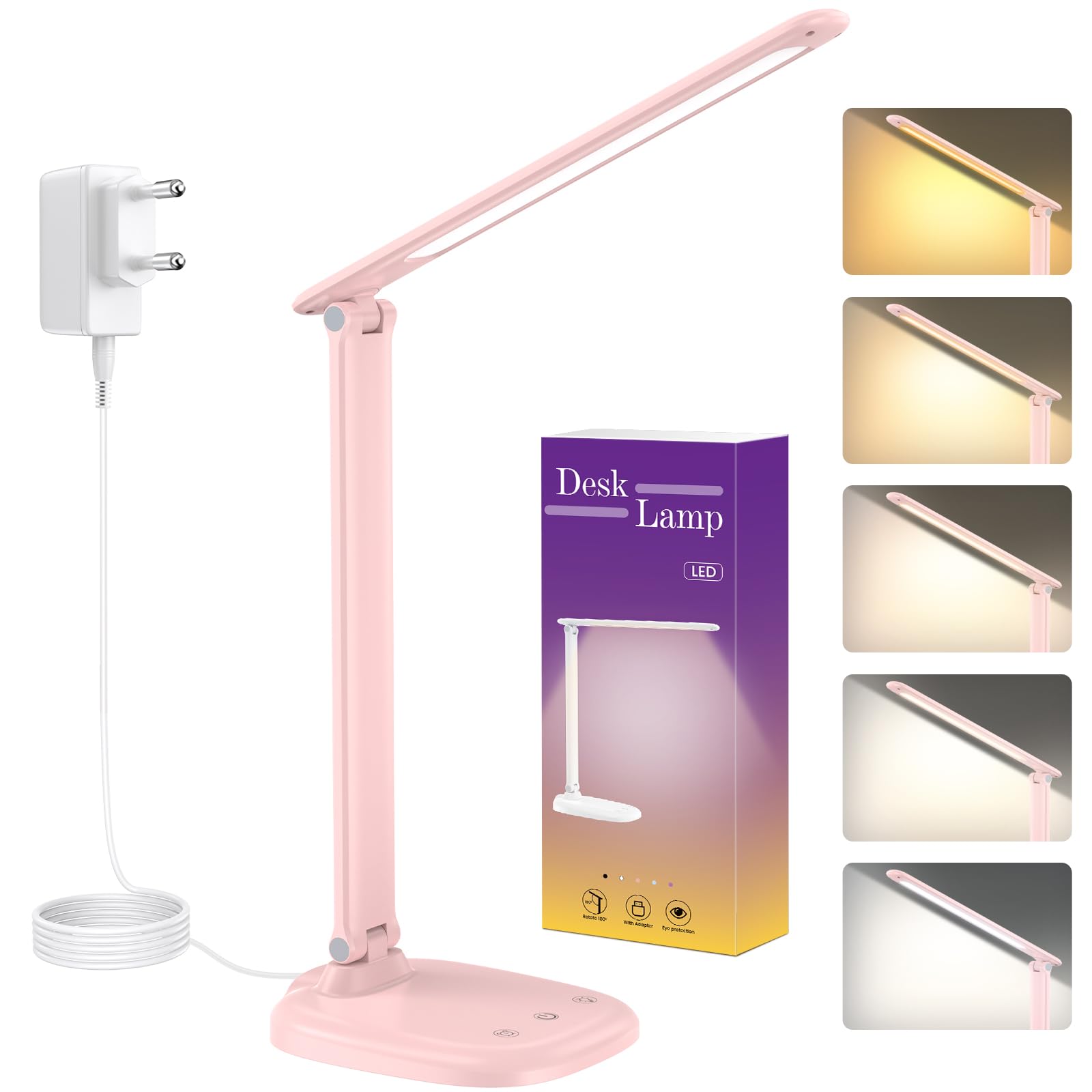 Lampada da Scrivania, Lampada da Tavolo Pieghevole con Batteria Integrata e Spina, 5 Temperature Colore e Regolazione Continua, Timer/Tattile/Memoria, Lampada LED Occhi per Casa e Ufficio, Rosa