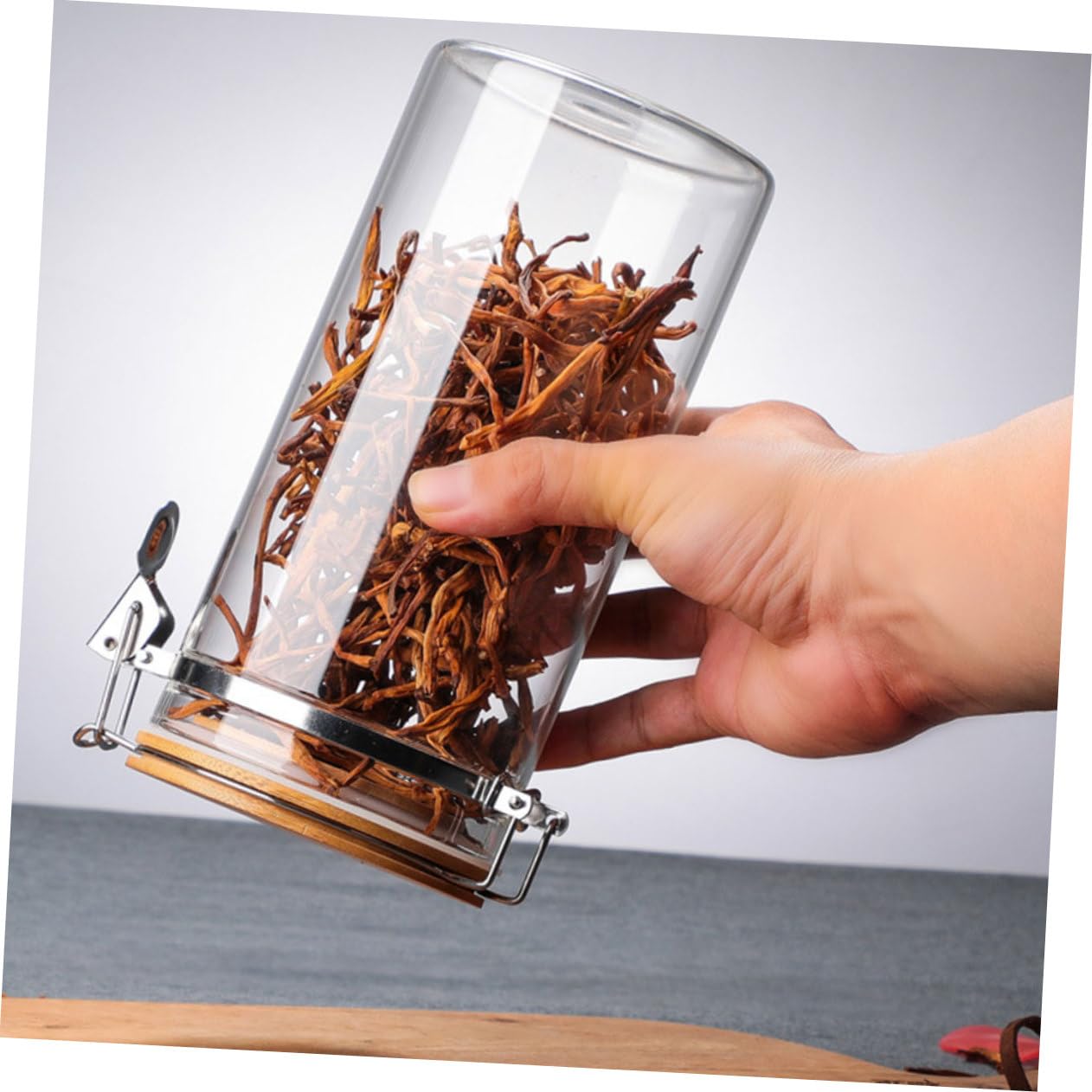 Sosoport 2stücke Luftdichte Vorratsgläser mit Deckel zum Aufbewahren von Tee Süßigkeiten Mehl und Getreide Holz Edelstahl und Glas für Langlebigkeit Transparentes Design für Gute