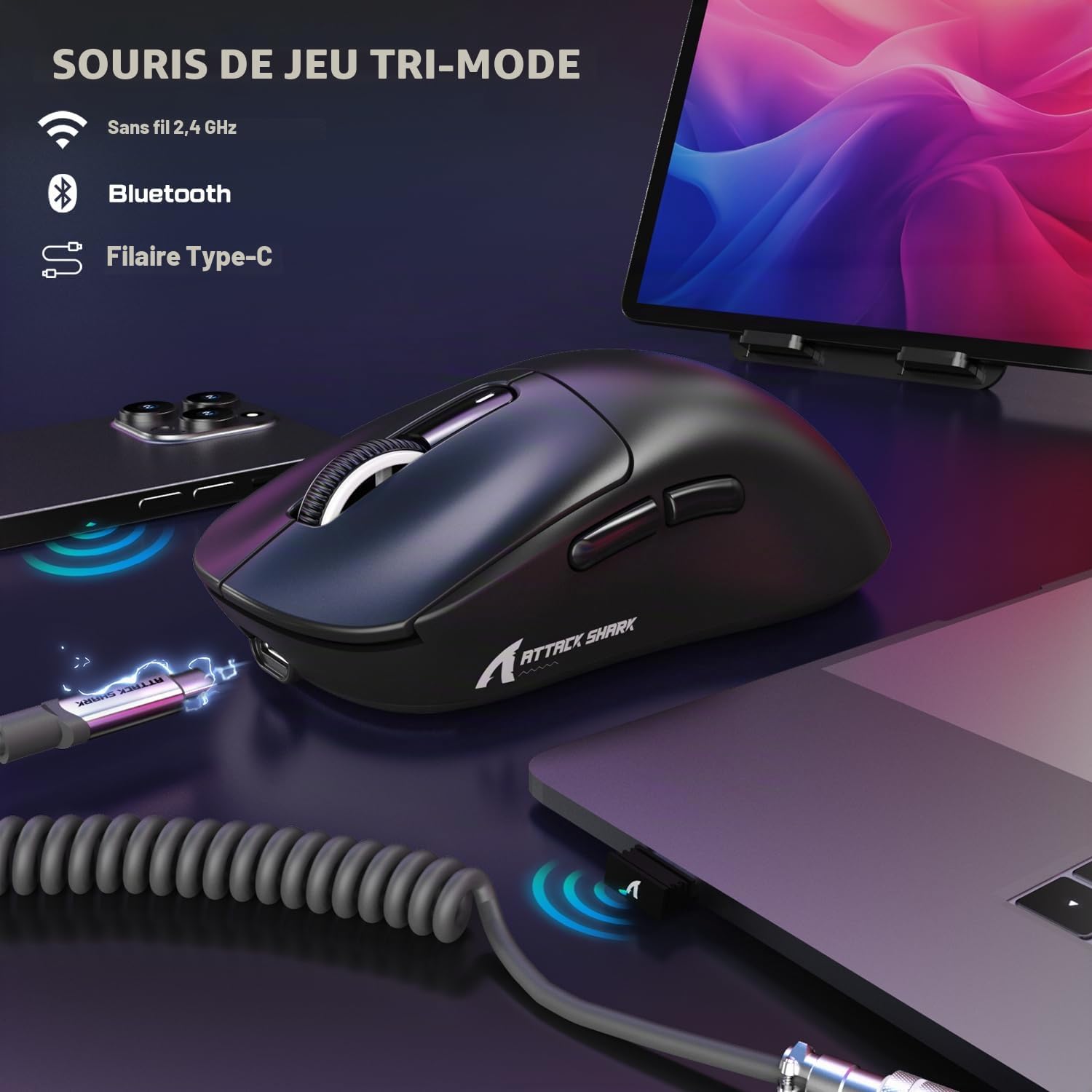ATTACK SHARK X3MAX 49g SUPERLIGHT Souris, Capteur PixArt PAW3950, Jusqu'à 420000 DPI, Souris de Jeu Sans Fil/Filaire BT/2.4G avec Câble Spiralé, Optical Microswitches 100M Clicks, pour PC/Xbox/PS5/Mac