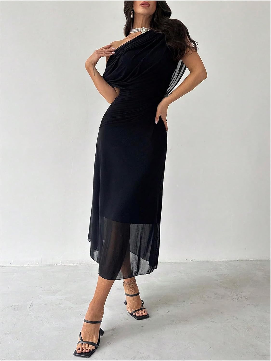 Floerns Women's Off The Shoulder Midi Dress Sleeveless Mesh Evening Party Flared Dresses - Image 2