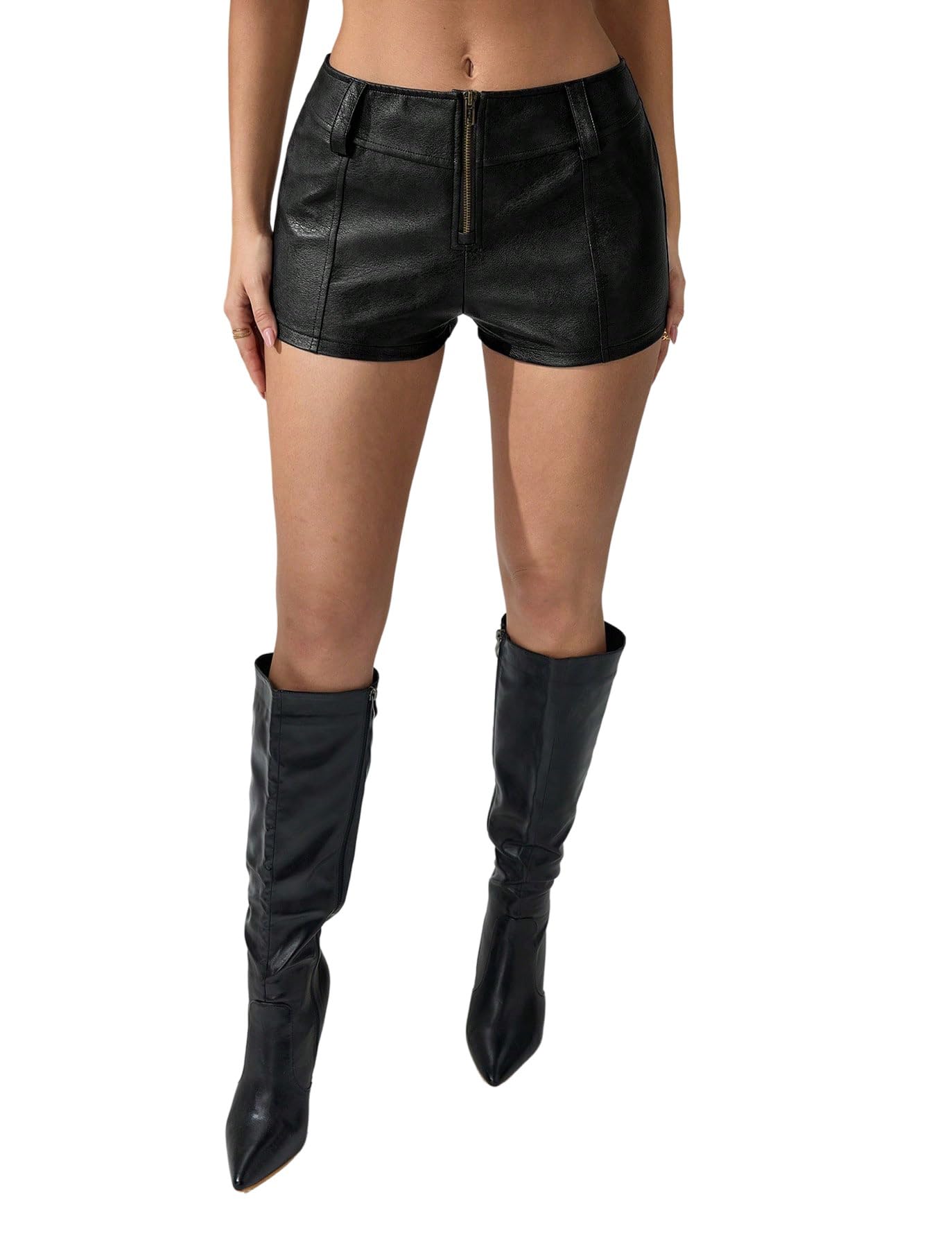 GORGLITTER Pantalones cortos elegantes para mujer, cintura baja, pantalones cortos de piel con cremallera, pantalones cortos, pantalones cortos para el tiempo libre, minipantalones cortos para fiesta