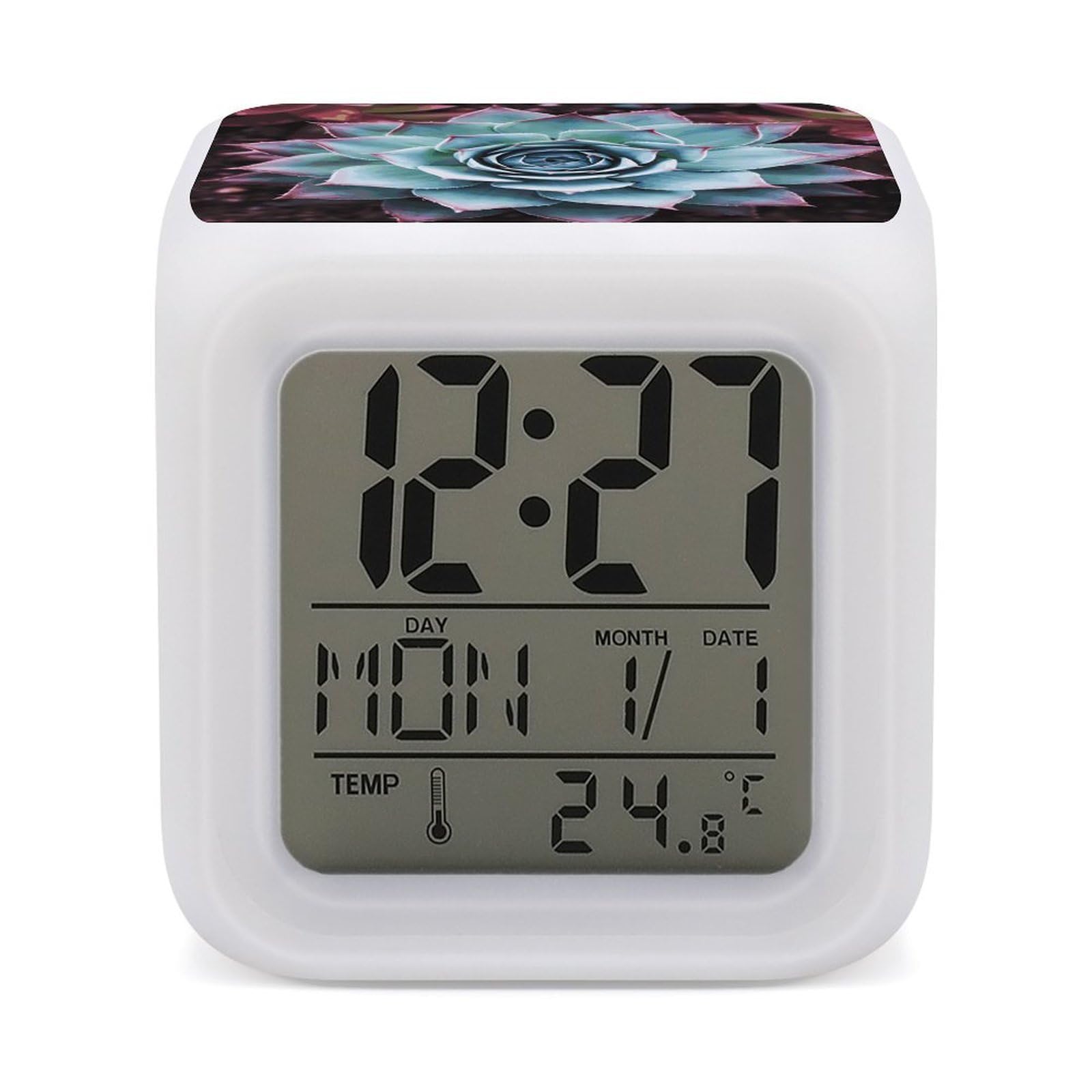 FekiLoot Succulent Plant Alarm Clock 7 LED Color Changing Wake Up Clock Digital Alarm Clocks with Snooze Digital Bedside Clocks with Night Light for Home Office Or Dorm