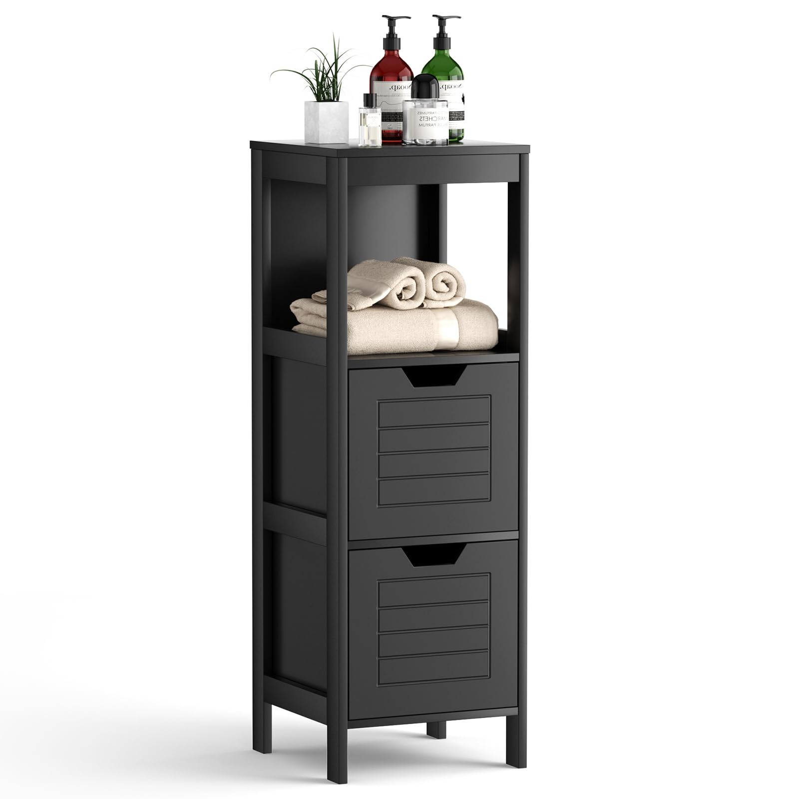 GOPLUS Armario de baño con cajón, armario estrecho con estantes, mueble de baño de madera para baño y salón (negro)