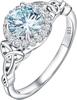 Celtic Birthstone Rings for Women 925 Sterling Silver Heart/Round/Pear/Oval Created Gemstone Moissanite Halo Engagement Promise Rings for Her Wife Birthday Anniversary Wedding Jewelry