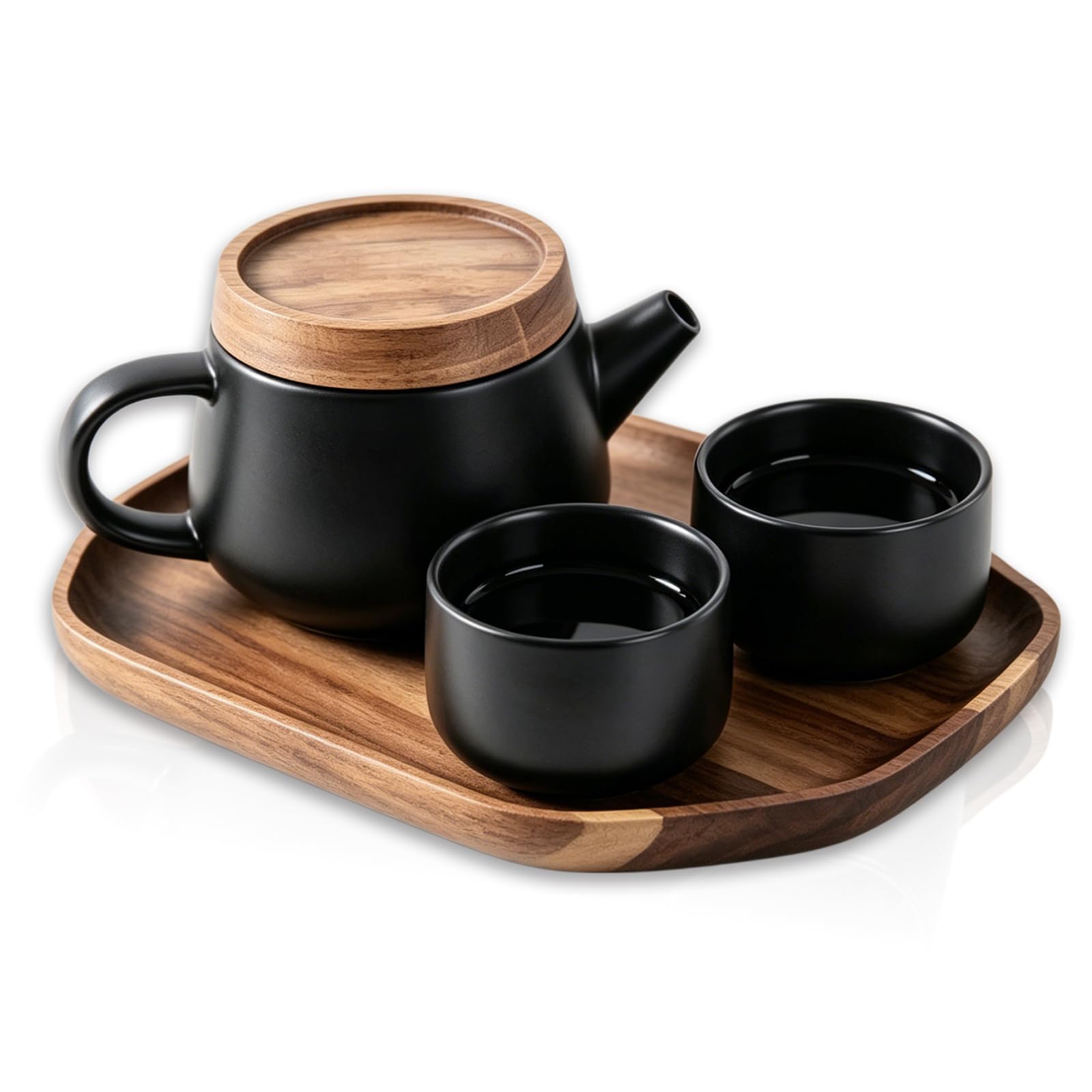 3-częściowy japoński serwis do herbaty, 0,6 l, ceramiczny czarny z drewnianą tacą, 2 filiżanki i sitko ze stali nierdzewnej, porcelanowy serwis do herbaty, ceramiczny serwis do herbaty z tacą