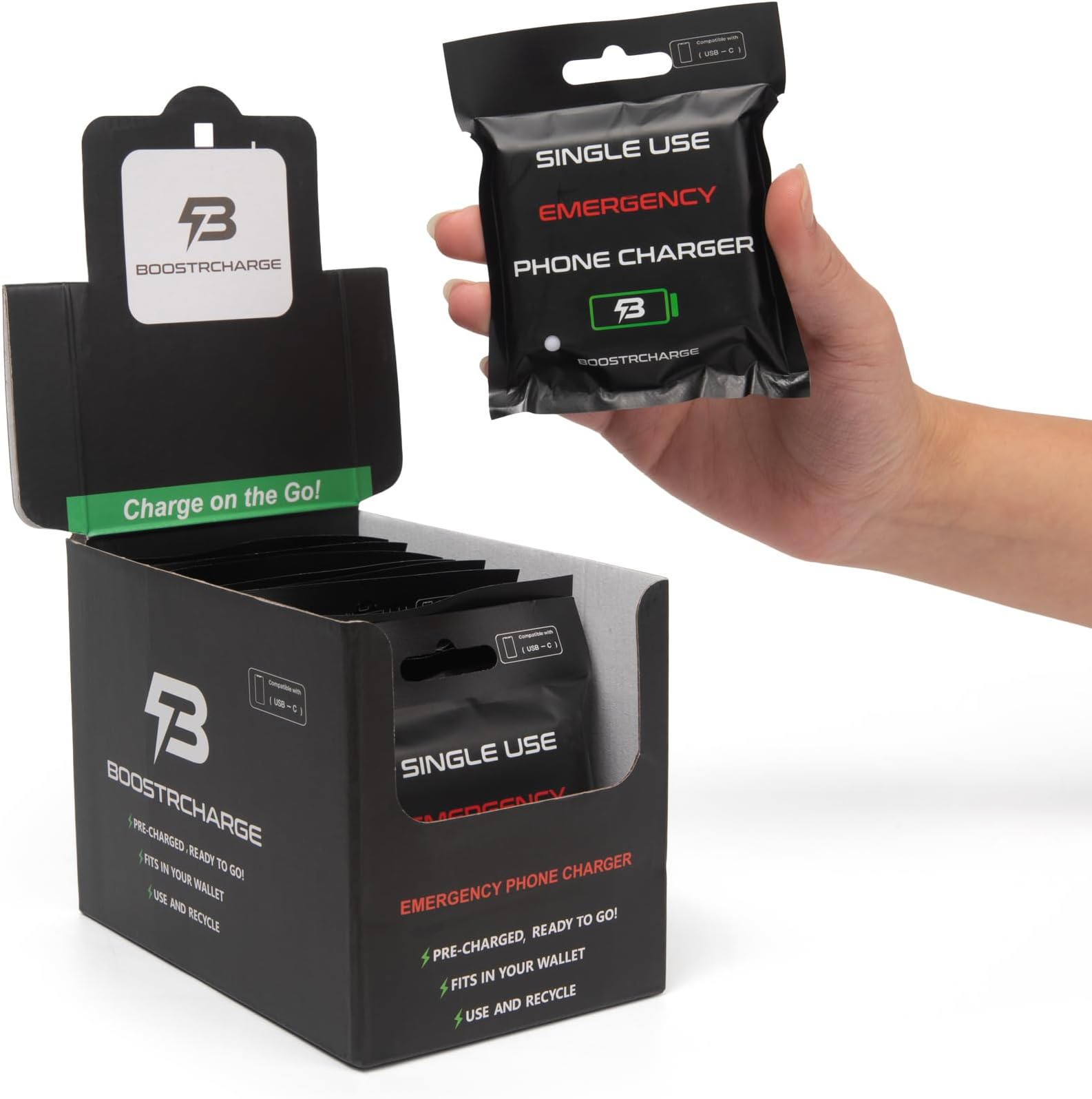Boostrcharge 10-Pack Single-Use Emergency Phone Charger | Dead Phone? Just Plug in — No Cables Needed | USB-C & Lightning | Pre-Charged | TSA-Approved