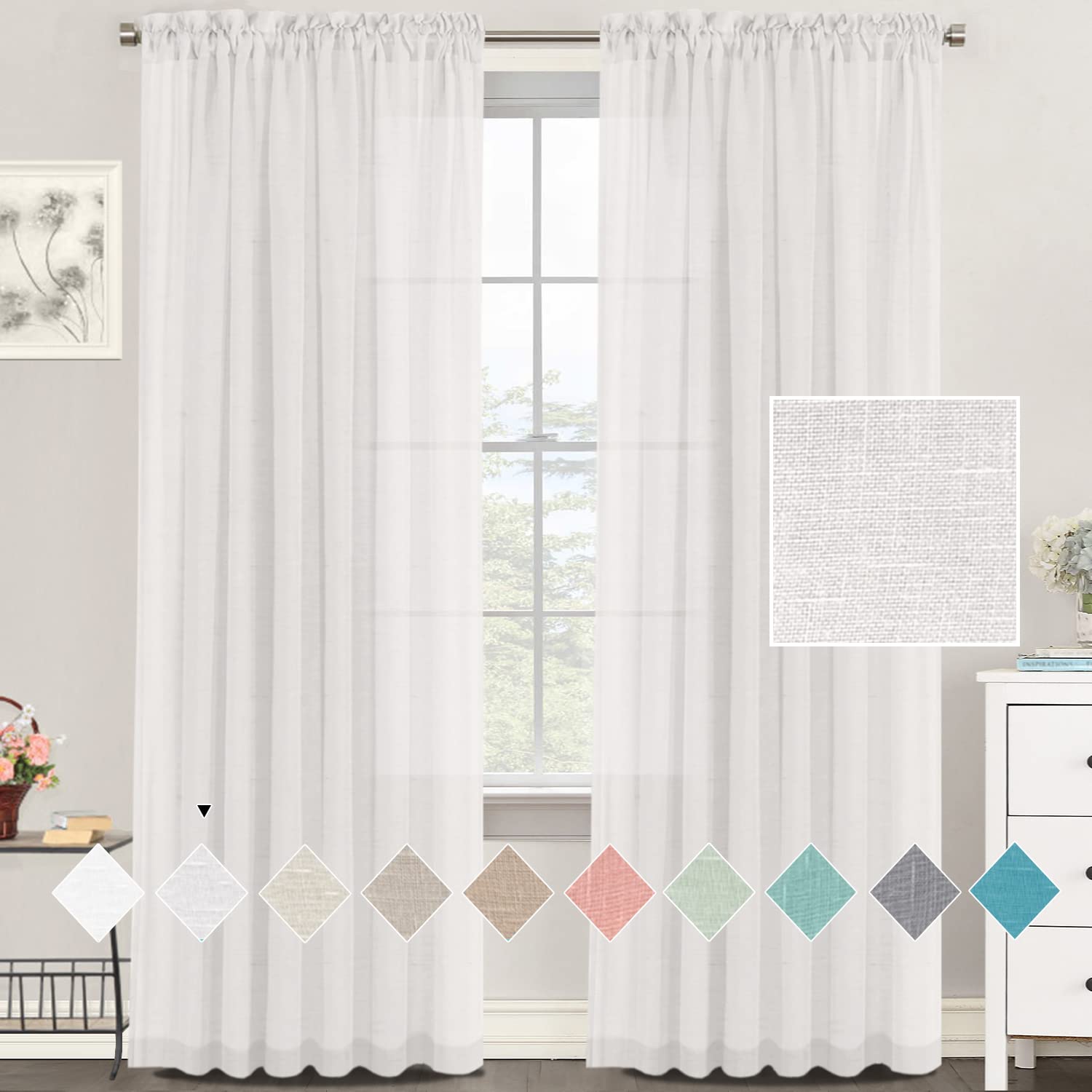 Cortinas de lino semitransparentes, cortinas de gasa con cinta fruncida, para salón o dormitorio, 2 unidades (blanco, 150 x 245 cm)