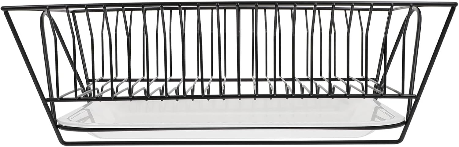 Luxshiny Black Stainless Steel Kitchen Dish Rack with Drip Tray, Multi-Functional Plate and Bowl Storage Shelf, Space-Saving Draining Rack for Kitchen Organization