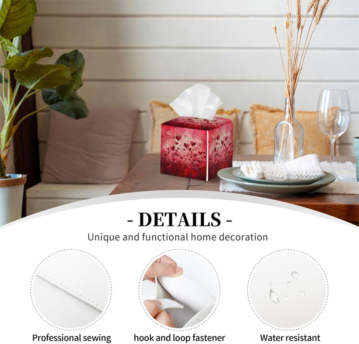 Square Tissue Box Cover Valentine's Love Heart Pattern Decorative PU Leather Tissue Box Holder for Car Vanity Nightstand Office Desk Facial Tissues Organizer image 3