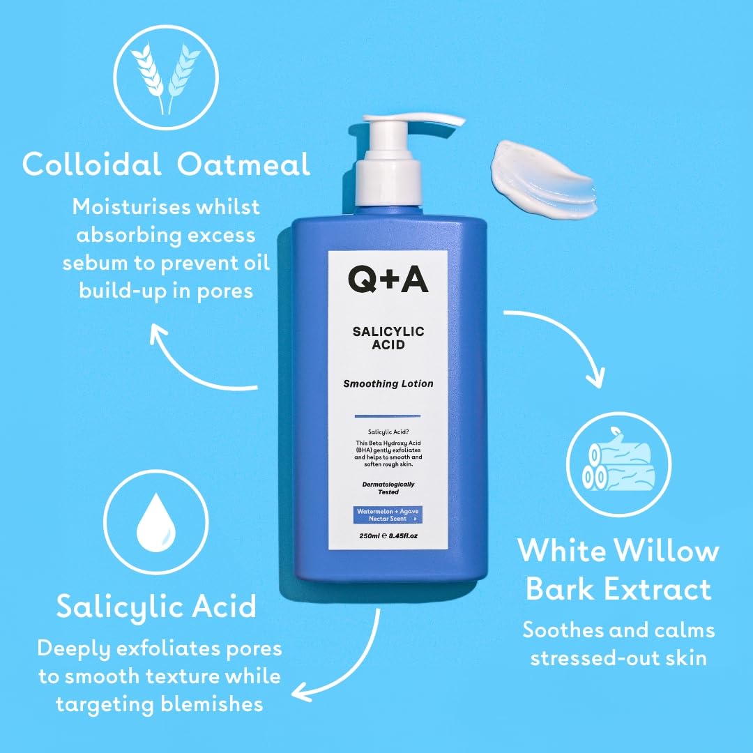 Lozione Levigante all'Acido Salicilico Q+A per la Cura Mirata del Corpo, un BHA che esfolia la pelle, contrasta il 'backne' e la texture indesiderata, favorisce una pelle più liscia e sana, 250ml