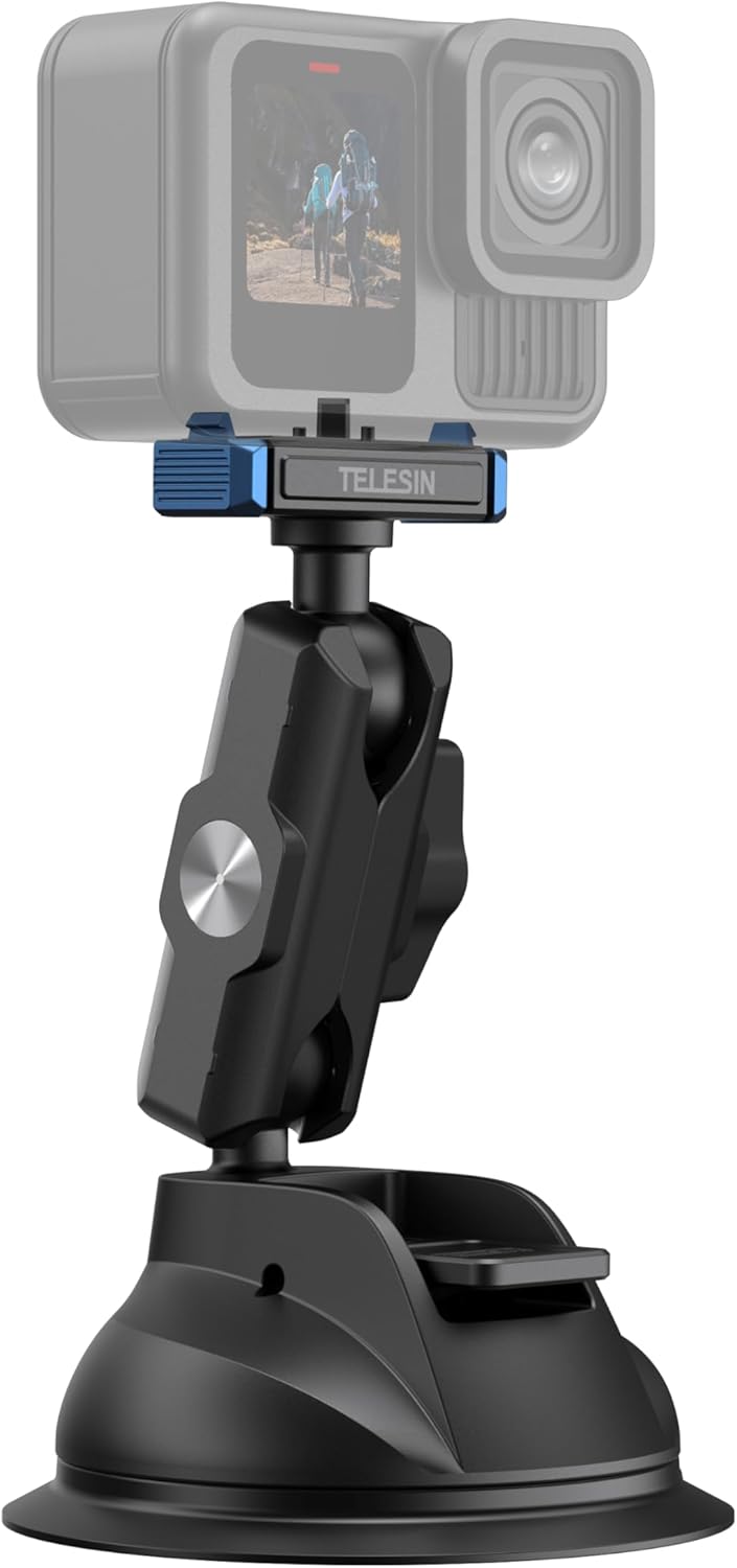 TELESIN Suction Cup Car Mount for GoPro 13 – Strong Magnetic Base, Dual Ball Head 360° Adjustable Arm, Easy Install Camera Car Mount for Dashboard, Windshield & Car Exterior