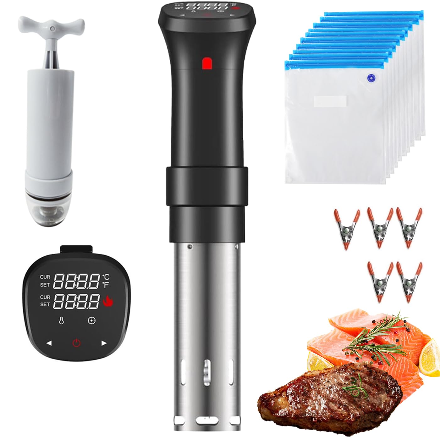 Olla Sous Vide, Máquina Sous Vide de 1100 W con 3 Accesorios, Tiempo de Temperatura LED y Control táctil, Circulador de inmersión para Cocina con Bomba extractora, Bolsa sellada, Clip