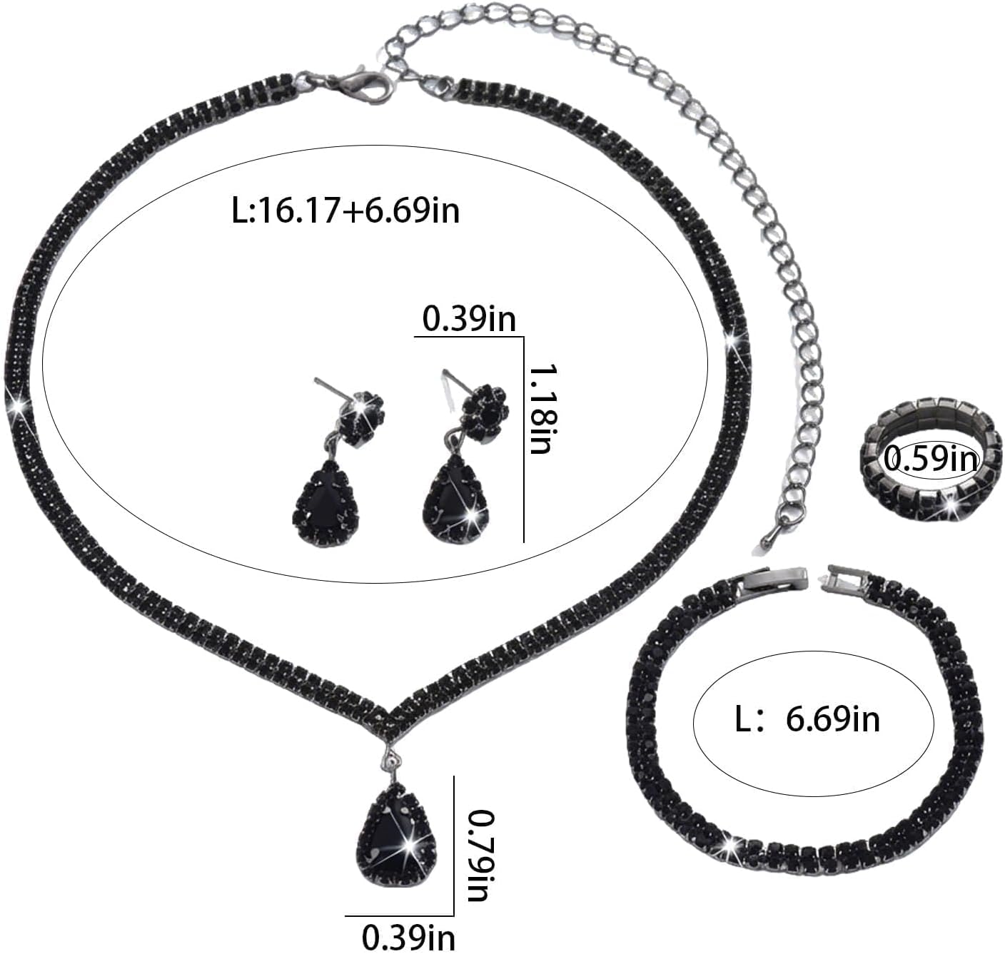 Piece Black Jewelry Sets for Women Fashion Sparkling Rhinestone Crystal Necklace Earrings Bracelet Evening Formal Wedding Prom Bridal Party Accessories