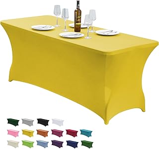 CWK 6FT Waterproof Stretch Spandex Table Cover for Rectangular Tables - Elastic Fitted Tablecloth for Folding Tables,Wrinkle Resistant Table Cloth for Parties, Weddings, Banquets & Events (Yellow)