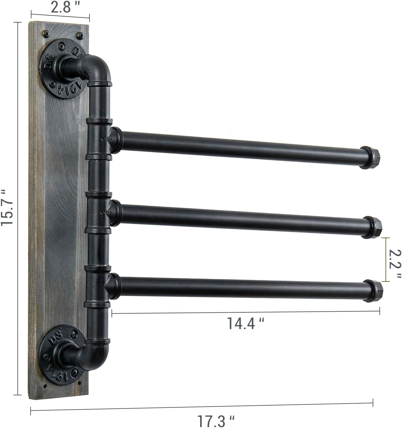 MyGift 17.3 Inch Wall Mounted Bathroom Swivel Towel Rack on Vintage Gray Solid Wood Board, 3 Tier Industrial Black Metal Pipe Bars with 180 Degree Swing for Towels