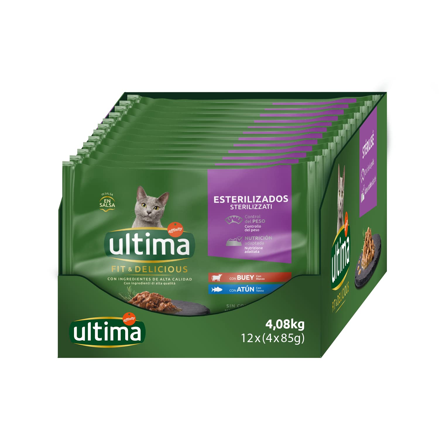 Ultima Comida Húmeda para Gatos con Pollo y Salmón, 4 x 85 gr x 12 (4.08 kg) & Comida Húmeda para Gatos con Buey y Atún, 12 x (4 x 85 gr), 4080g