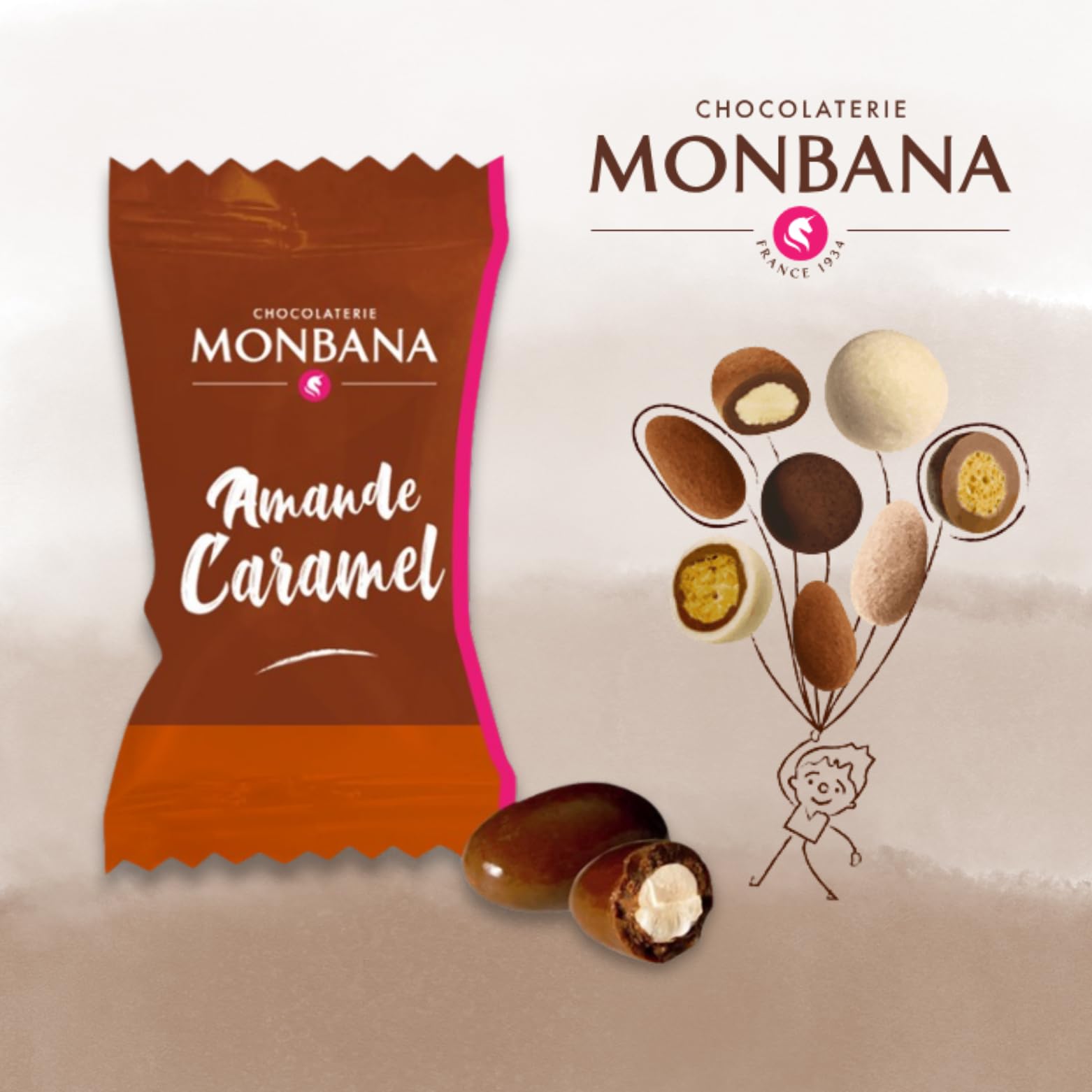MONBANA | 100 Amandes Caramel | 350g de Délicieuses Croustilles au Chocolat à Offrir ou à Partager | Fabrication française