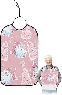 Adult Bibs for Elderly Women - Christmas Waterproof Dining Clothing Protectors with Crumb Catcher for Eating/Feeding, Pink Santa Christmas Tree Xmas Snowflake Terry Cloth Bib Machine Washable