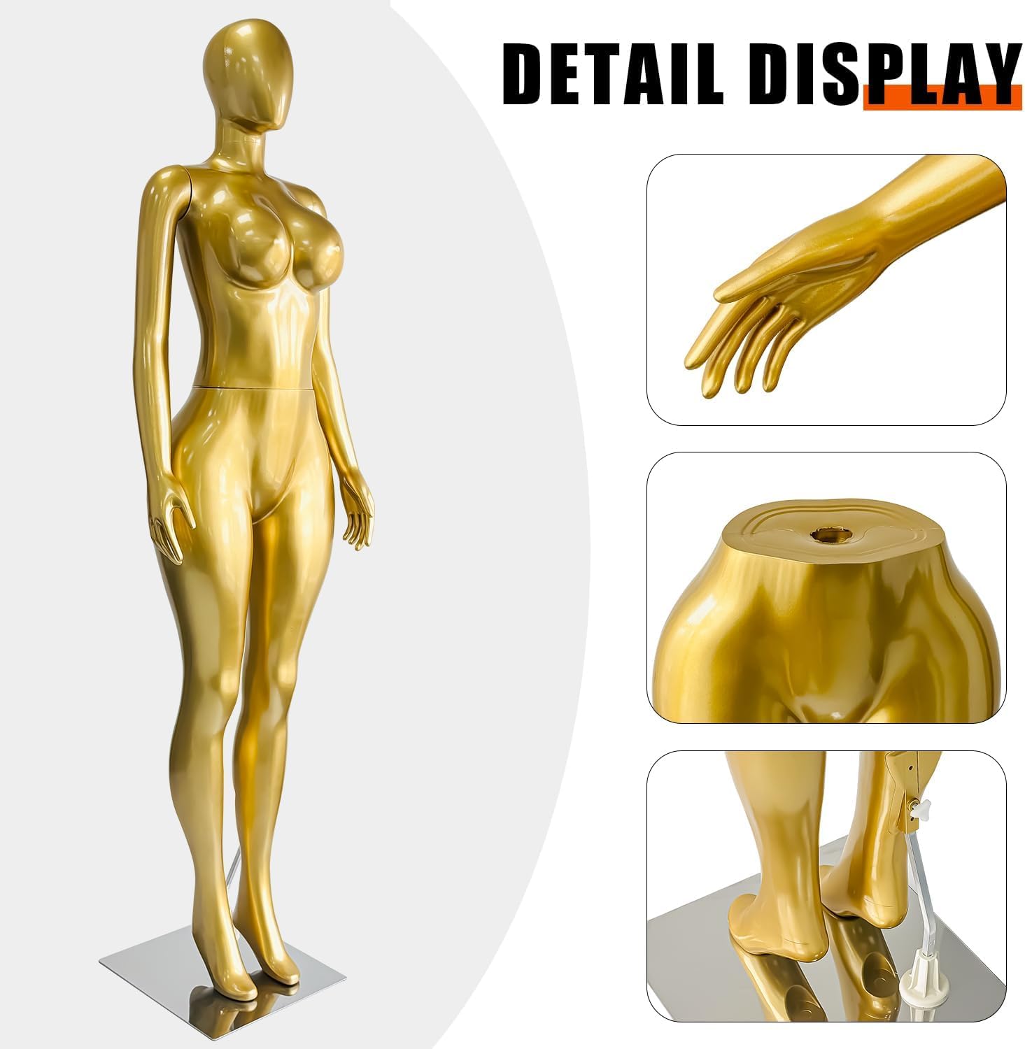 70.8" Matte Gold Full Body Female Mannequin, LifelikeBrazilian Style Display Mannequin with Adjustable Arms, Metal Base for Suitable for Sewing、Fashion Shows and Retail Displays