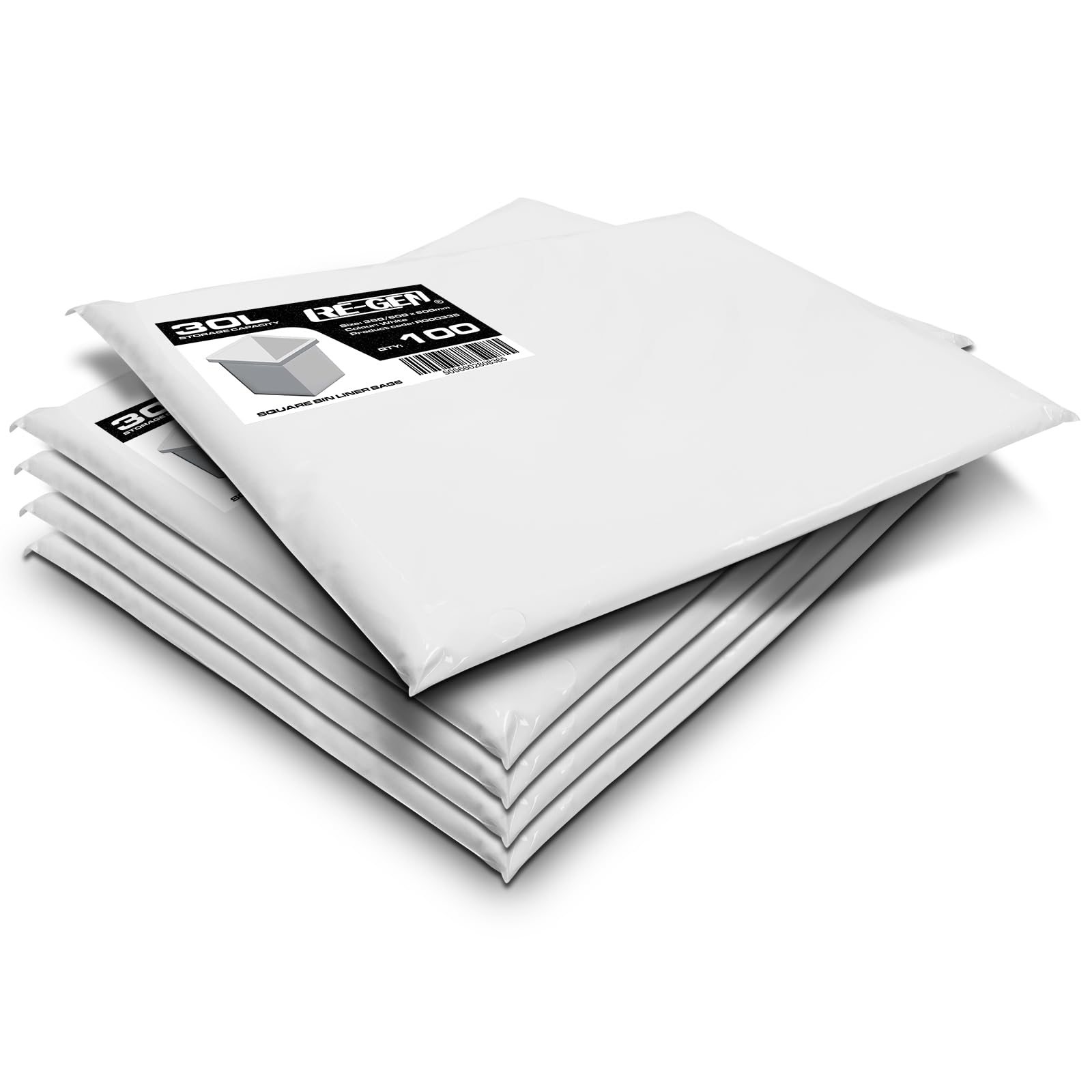 RE-GEN Sacs Poubelles Carrés De Cuisine Et De Salle De Bain De Taille Moyenne, Robustes De 30 L, Sacs à Ordures Blancs (1 Paquet, 100 Sacs) Pour Usage Quotidien, Au Bureau Et