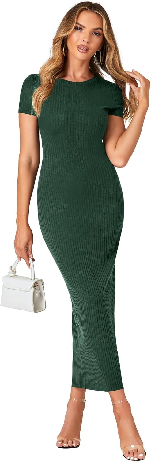 Umenlele Women’s Casual Short Sleeve Ribbed Knit Bodycon Fitted Pencil Long Maxi Dress - Image 6