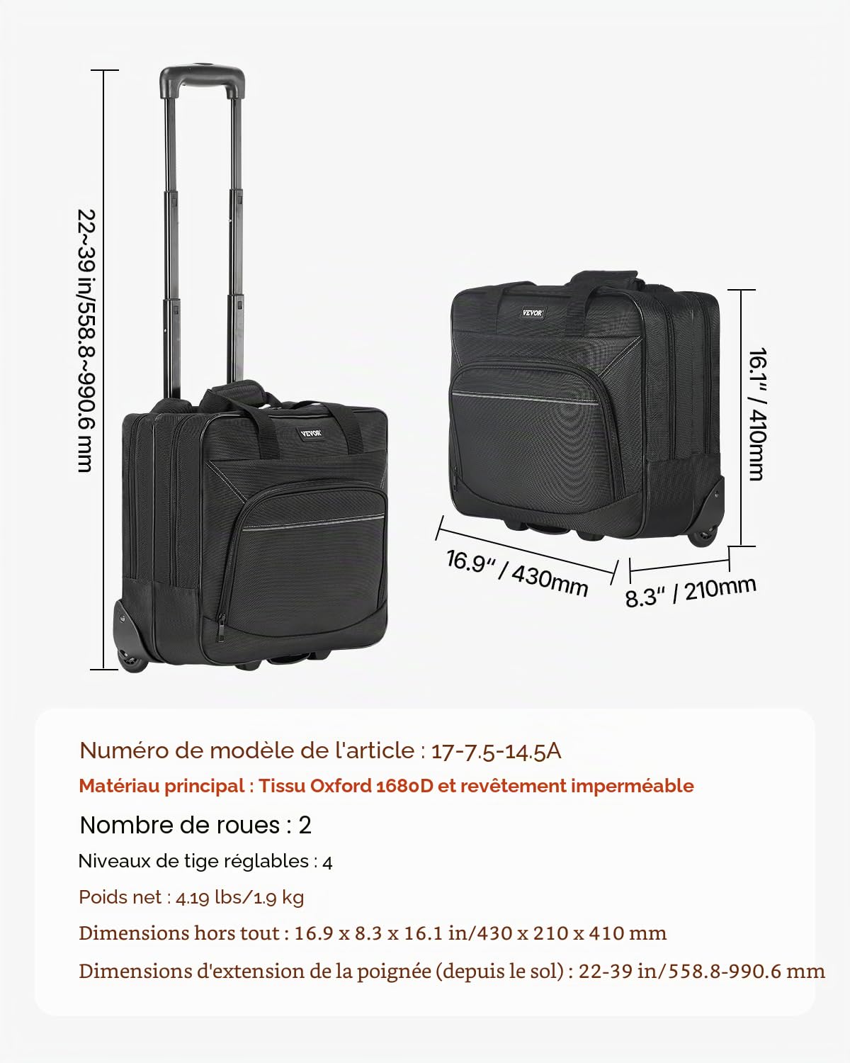 VEVOR Sac à roulettes pour Ordinateur Portable 15,6 Pouces, Mallette à roulettes pour PC, Poignée Télescopique à 4 Hauteurs, Tissu Oxford 1680D, pour Travail, Voyages d'affaires, Femmes, Hommes, Noir