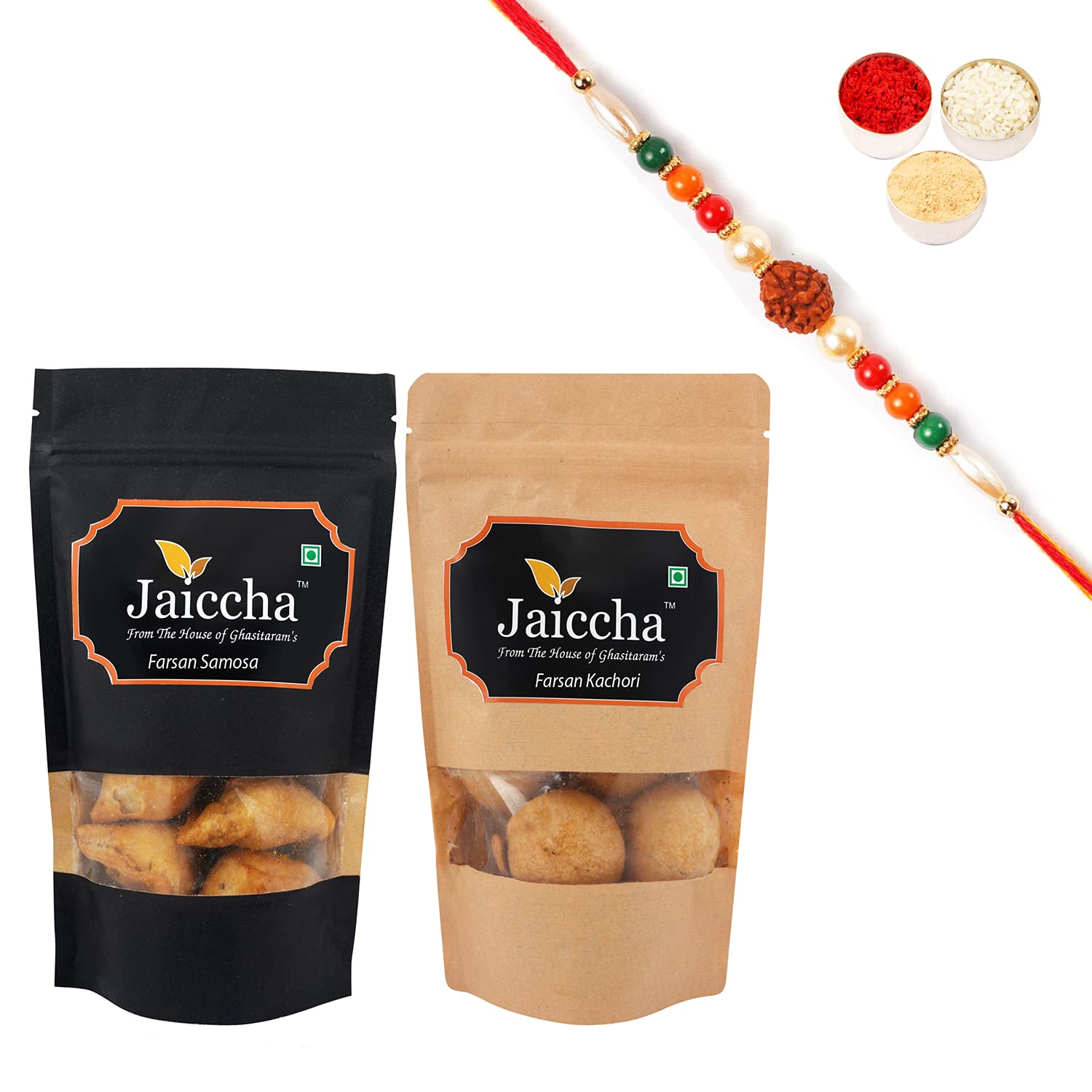 Jaiccha Ghasitaram Rakhi Gifts for Brothers - Pack of 2 Farsan Samosa and Farsan Kachori with Rudraksh Rakhi-picture-29