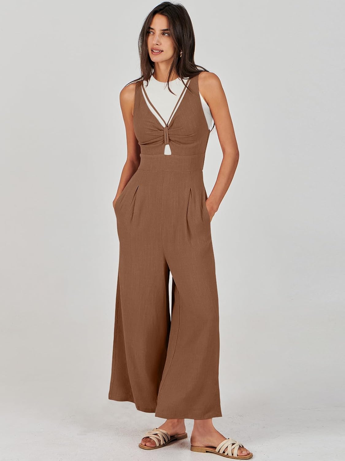 ANRABESS Womens Jumpsuits Summer Linen Wide Leg Sleeveless V Neck Casual Dressy Rompers Pants 2026 Spring Vacation Outfits - Image 7