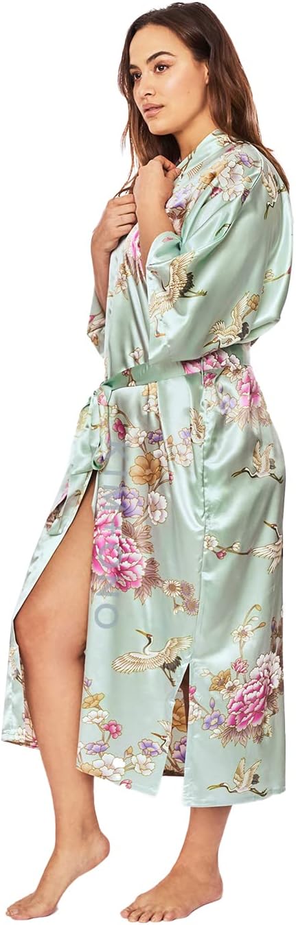 KIM+ONO Plus Size Luxury Kimono Robe for Women | Long Satin Floral Robe | Chrysanthemum & Crane Mist | Original Design