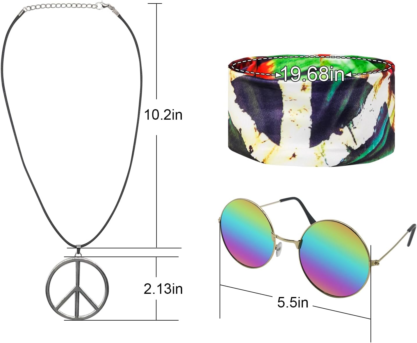Hippie Costume for Men Women 60s and 70s colorful T-shirt sunglasses headband Peace necklace 4-piece theme party - Image 4