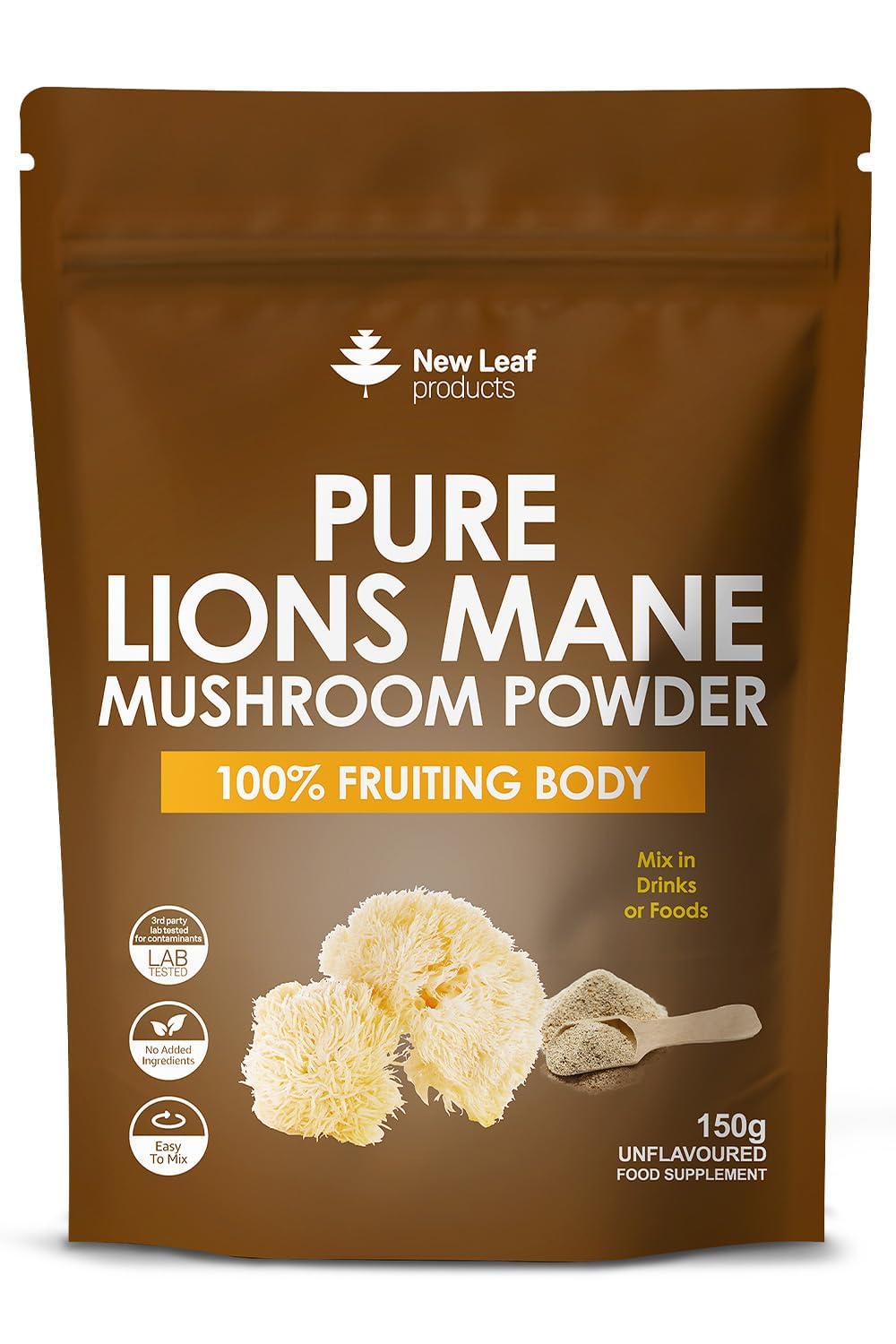 Lions Mane Mushroom Powder - Lions Mane Supplement High Strength 3000mg Mushroom Powder - 100% Fruiting Body Lion's Mane - 60 Servings Lions Mane Powder - Made in The UK by New Leaf