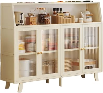 Cupboard, Kitchen Storage Shelf, Kitchen Counter, For Home Use, Large Capacity, Kitchen Cabinet, Acrylic Door, Diagonal 2 Drawers, Microwave Board, Condiment Container, Nordic Style, High Stability, Spice Container, With Door, Dustproof, Clamshell Door, Easy Assembly, Stability 4 Doors, Off-White, 51.2 x 12.6 x 37.4 x 37.4 inches 1.4 x 3.4 x 3.6 x 3.6 x 3.6 x 3 x 3.4 x 3.4 x 3.4