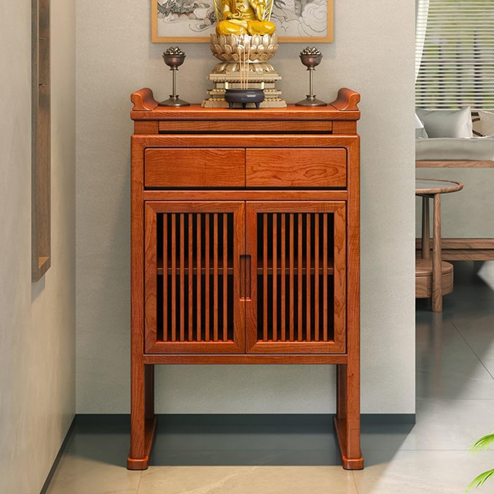 Mesa de Altar China Mesa de Altar Dos Niveles Madera Maciza | Soporte de exhibición tradicional(Bruin,Grande)